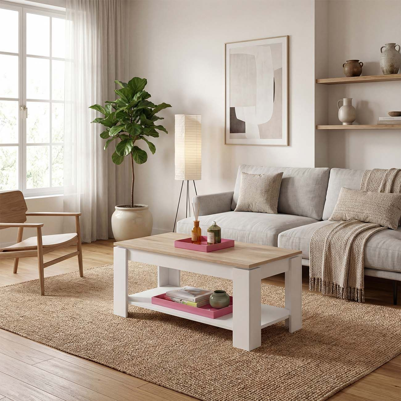 Una sala de estar moderna con sofá, mesa de centro, sillón, planta y obra de arte.