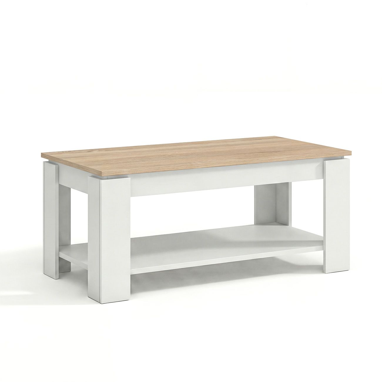 Mesa de centro moderna con tapa de madera clara y patas blancas. Tiene un estante debajo.