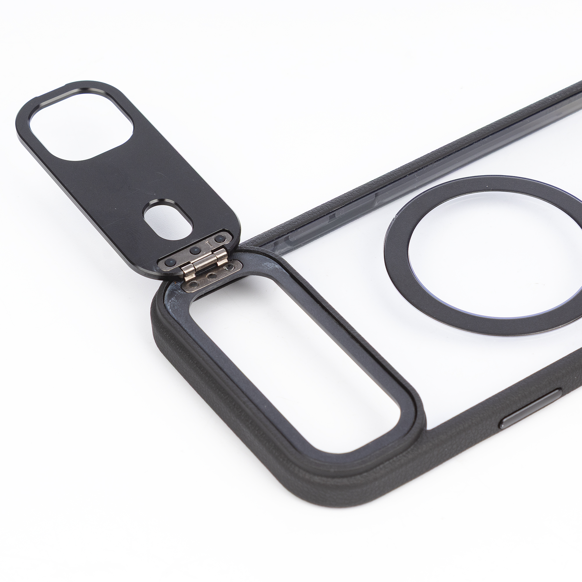 Cornice nera per cover telefono con cerniera e anello su sfondo bianco.