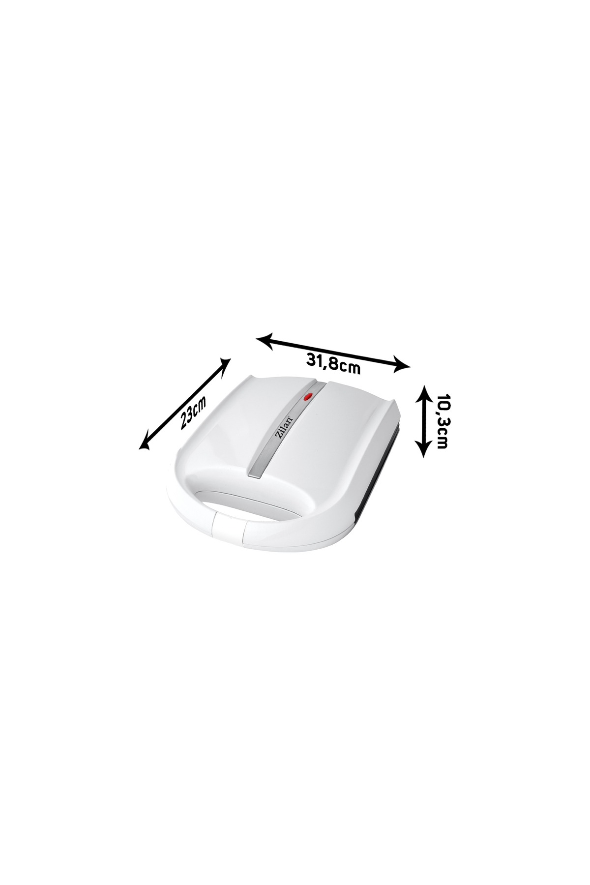 Weiße Kontaktgrill mit Maßen: 31,8 cm L, 23 cm B, 10,3 cm H.