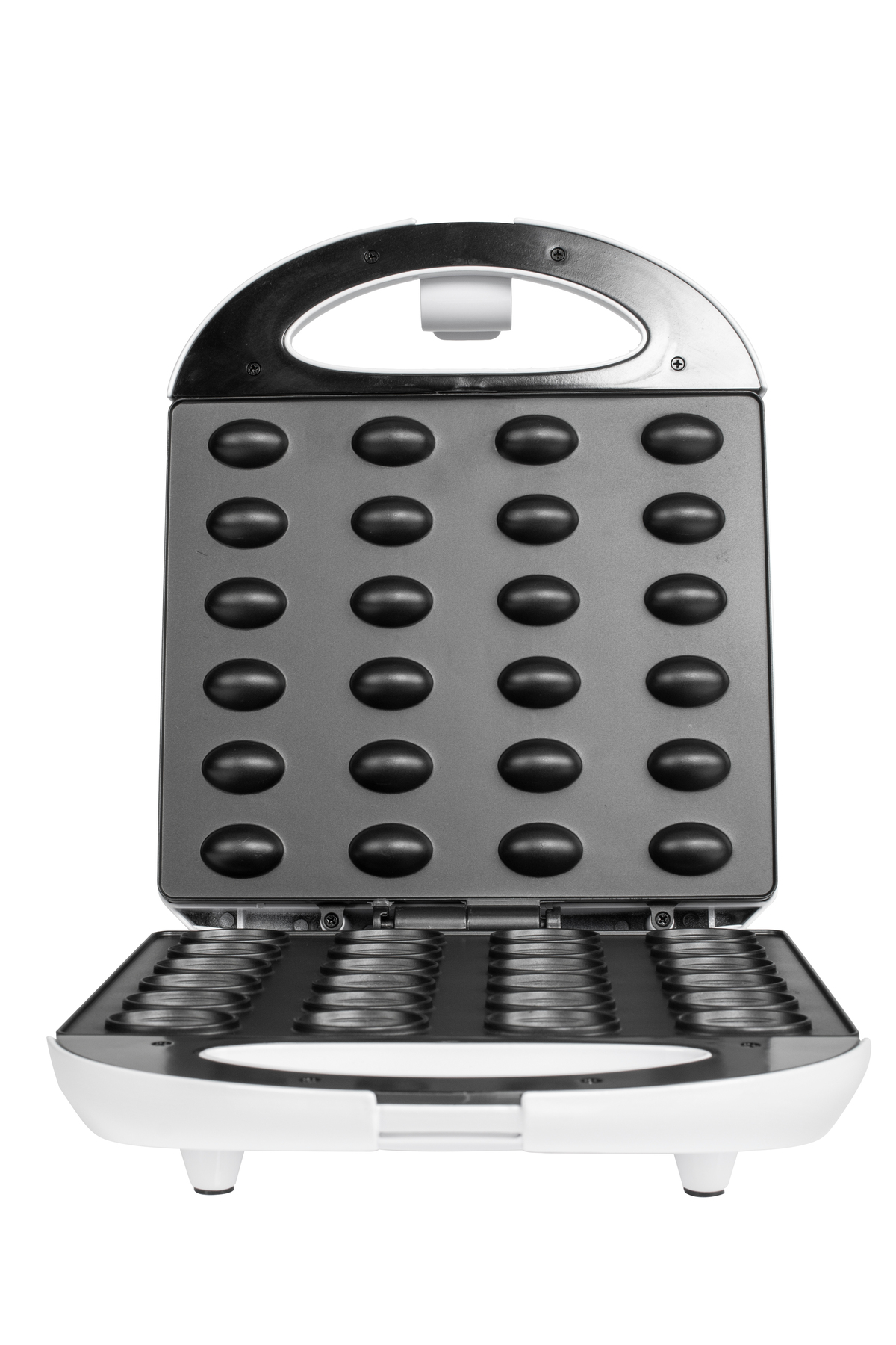 Offener, weißer und schwarzer Waffelautomat mit 36 runden Backformen.