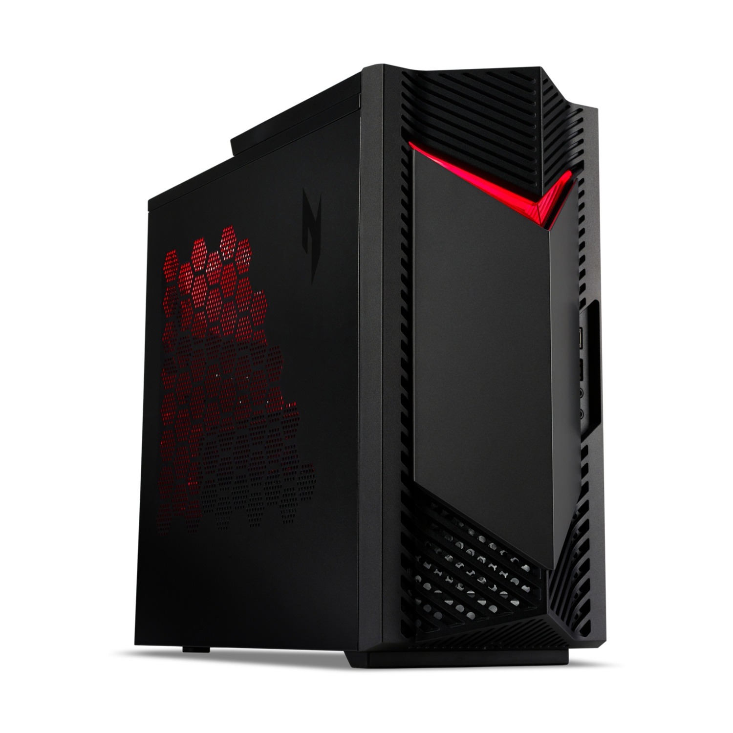 Una torre PC nera con accenti LED rossi su sfondo bianco.