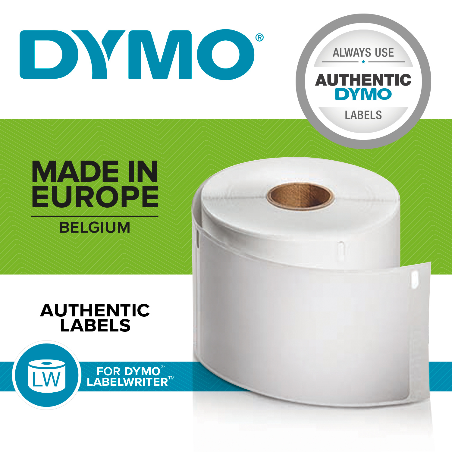 A roll of white labels with the DYMO logo and 'Made in Europe' text.