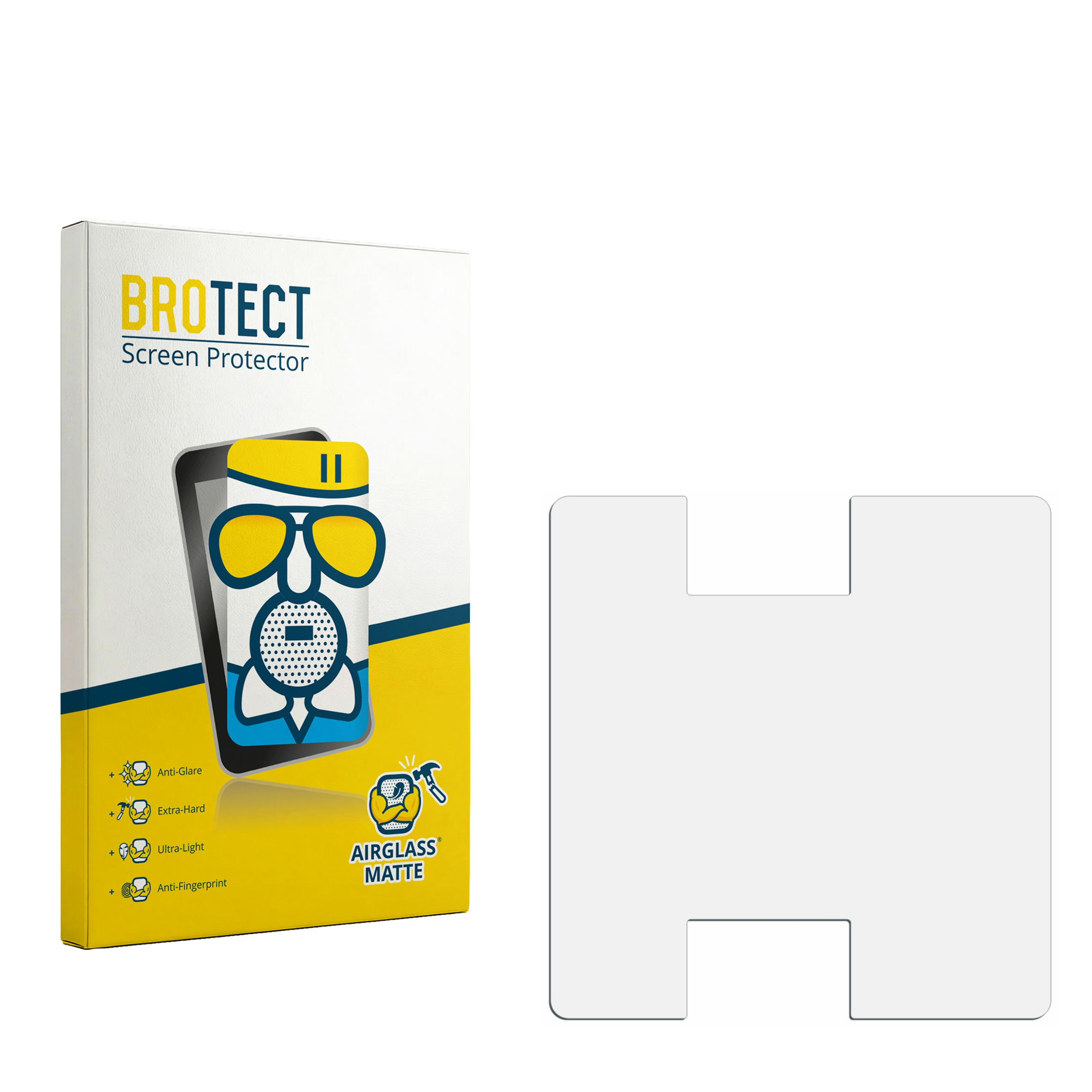 Verpackung für BROTECT Displayschutzfolie mit Grafik und leerem, H-förmigem Schutzglas.