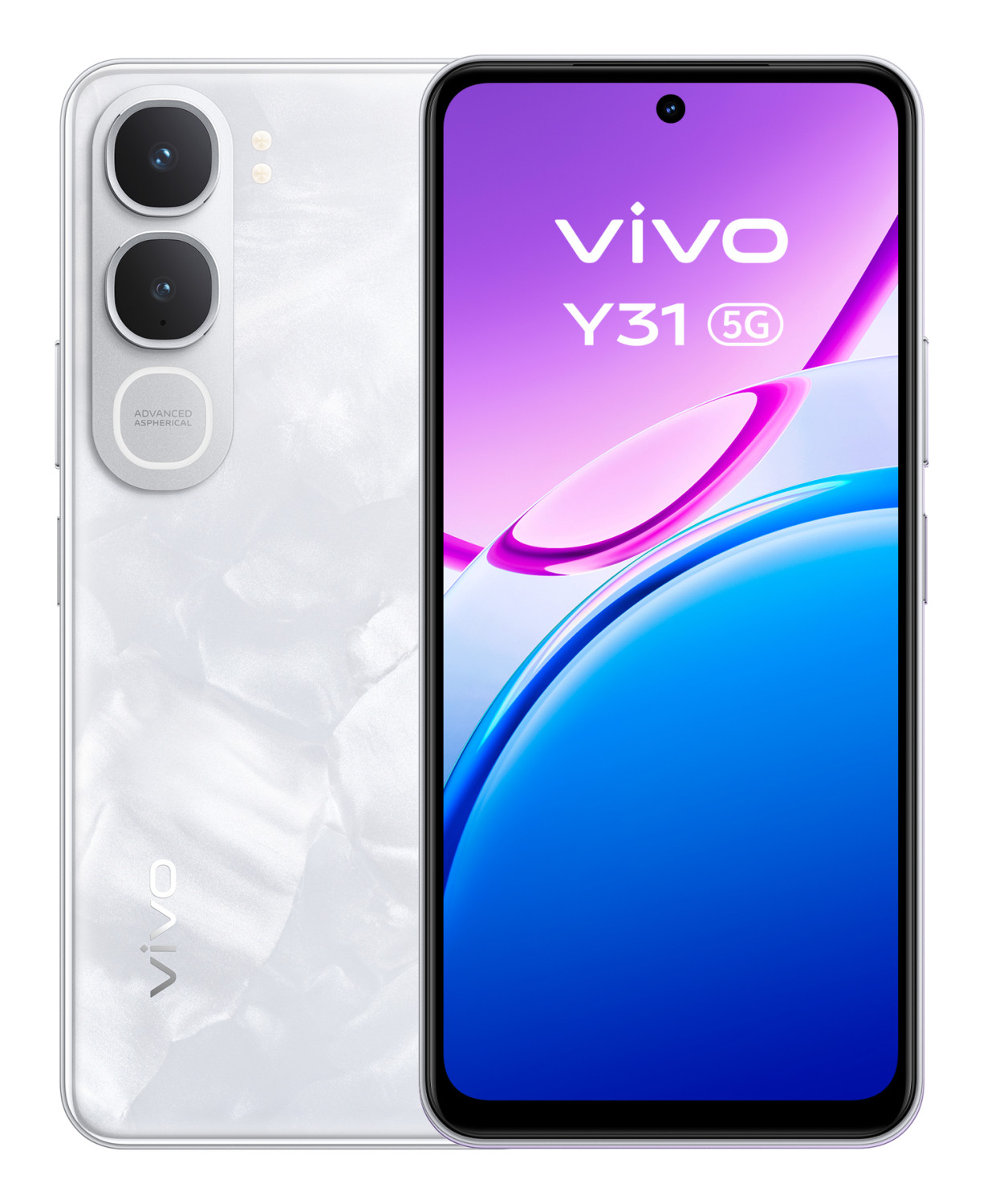 Biały smartfon Vivo Y31 5G z trzema aparatami z tyłu.