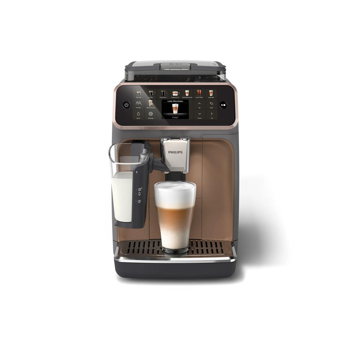 Eine bronzefarbene und schwarze Philips Kaffeemaschine mit Latte Macchiato und Milchbehälter.