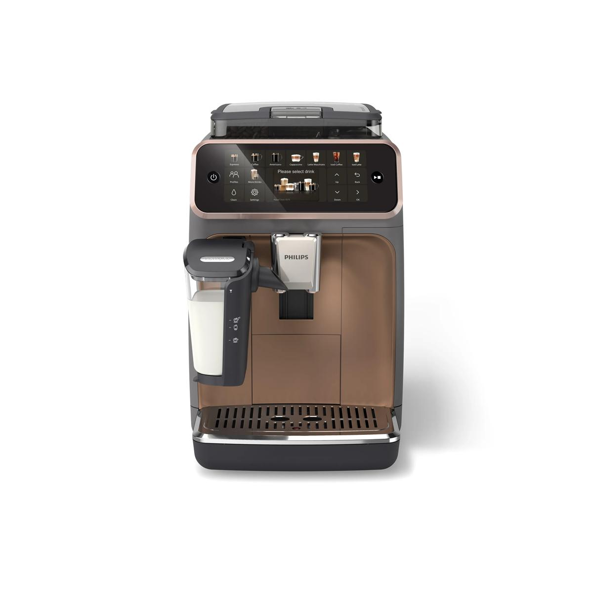Eine braune und schwarze Philips Kaffeemaschine mit Milchkaraffe und Touchscreen-Display.