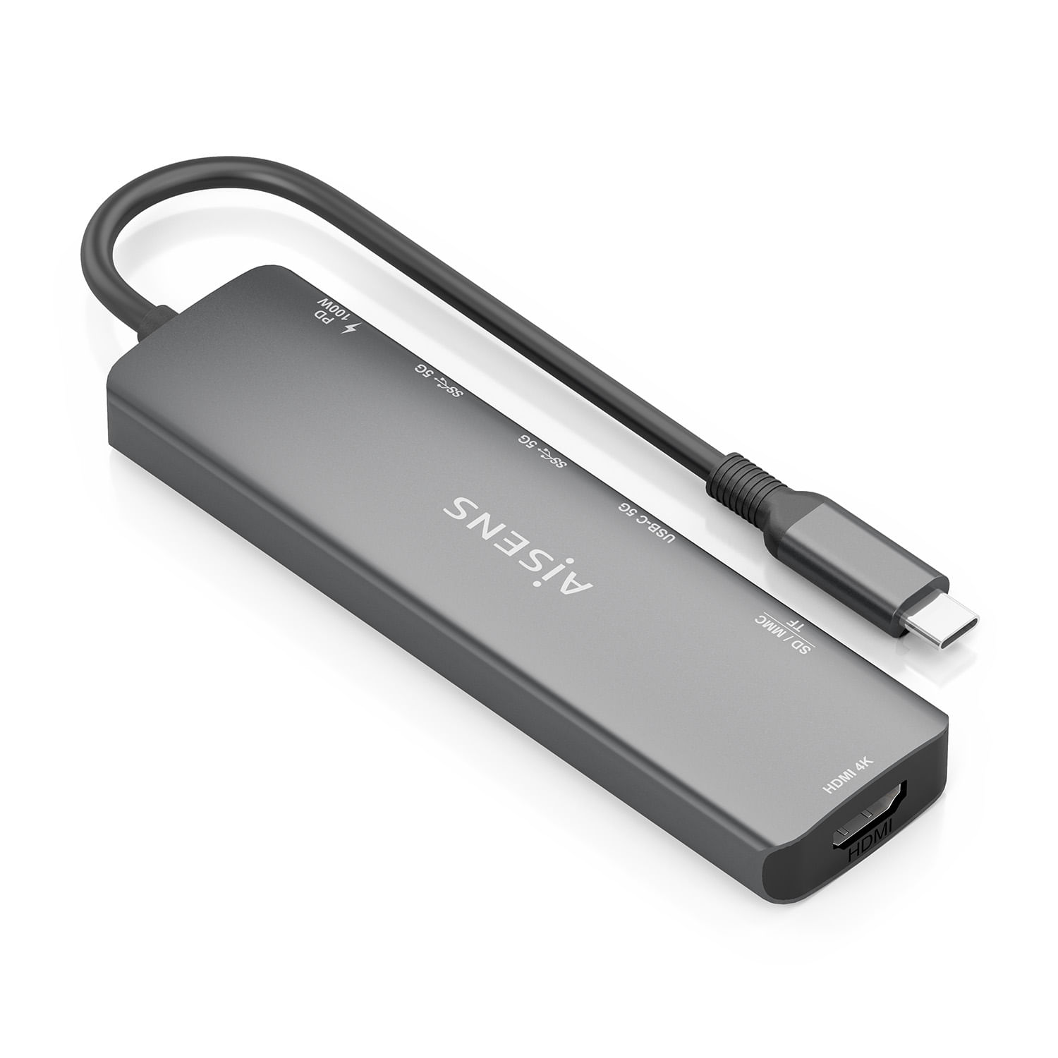 Grijze USB-C hub met HDMI 4K, SD/MMC, TF kaartsleuven en 100W PD.