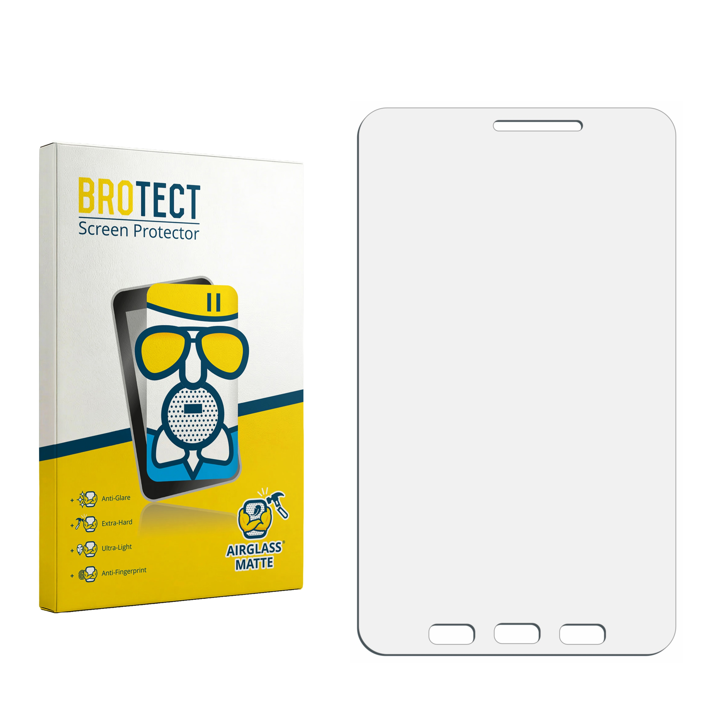 BROTECT Displayschutzfolie mit Handy-Grafik und Produktmerkmalen.