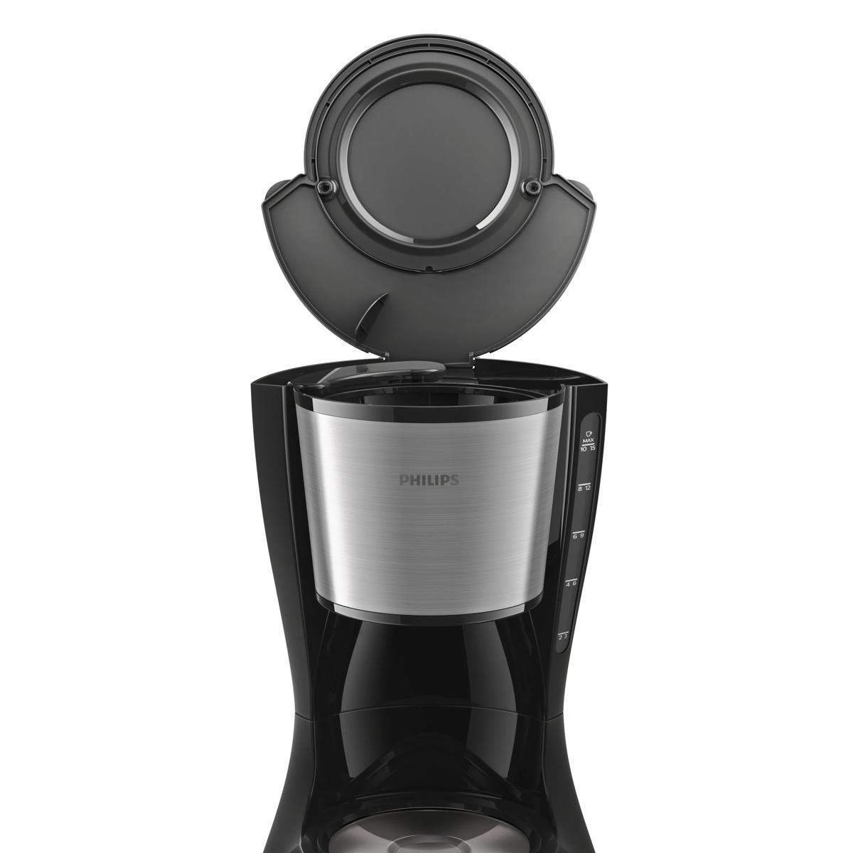Una cafetera Philips negra con la tapa abierta, mostrando un depósito de agua plateado.