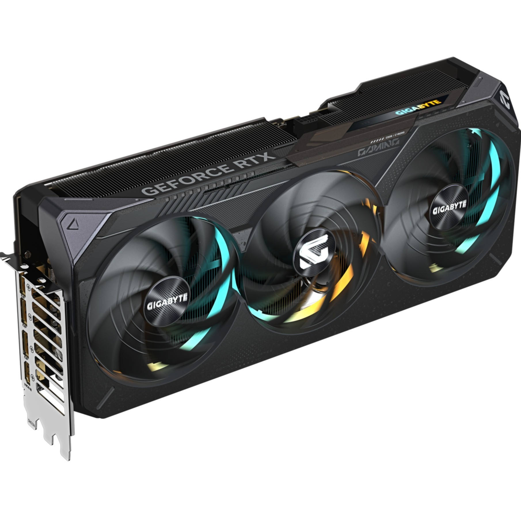 Eine schwarze Grafikkarte mit drei Lüftern und RGB-Beleuchtung.