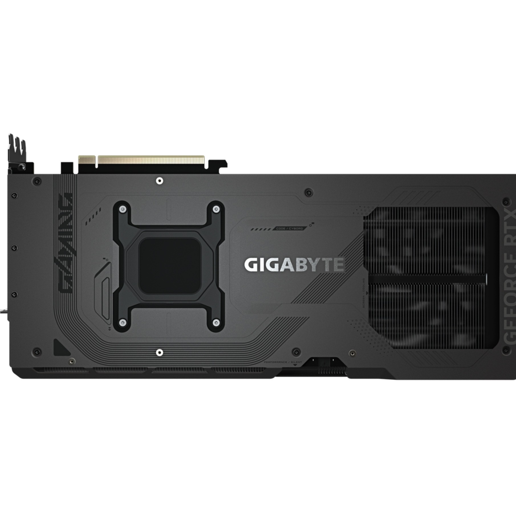 Rückseite einer schwarzen Gigabyte Grafikkarte mit Lüftern und Anschlüssen.