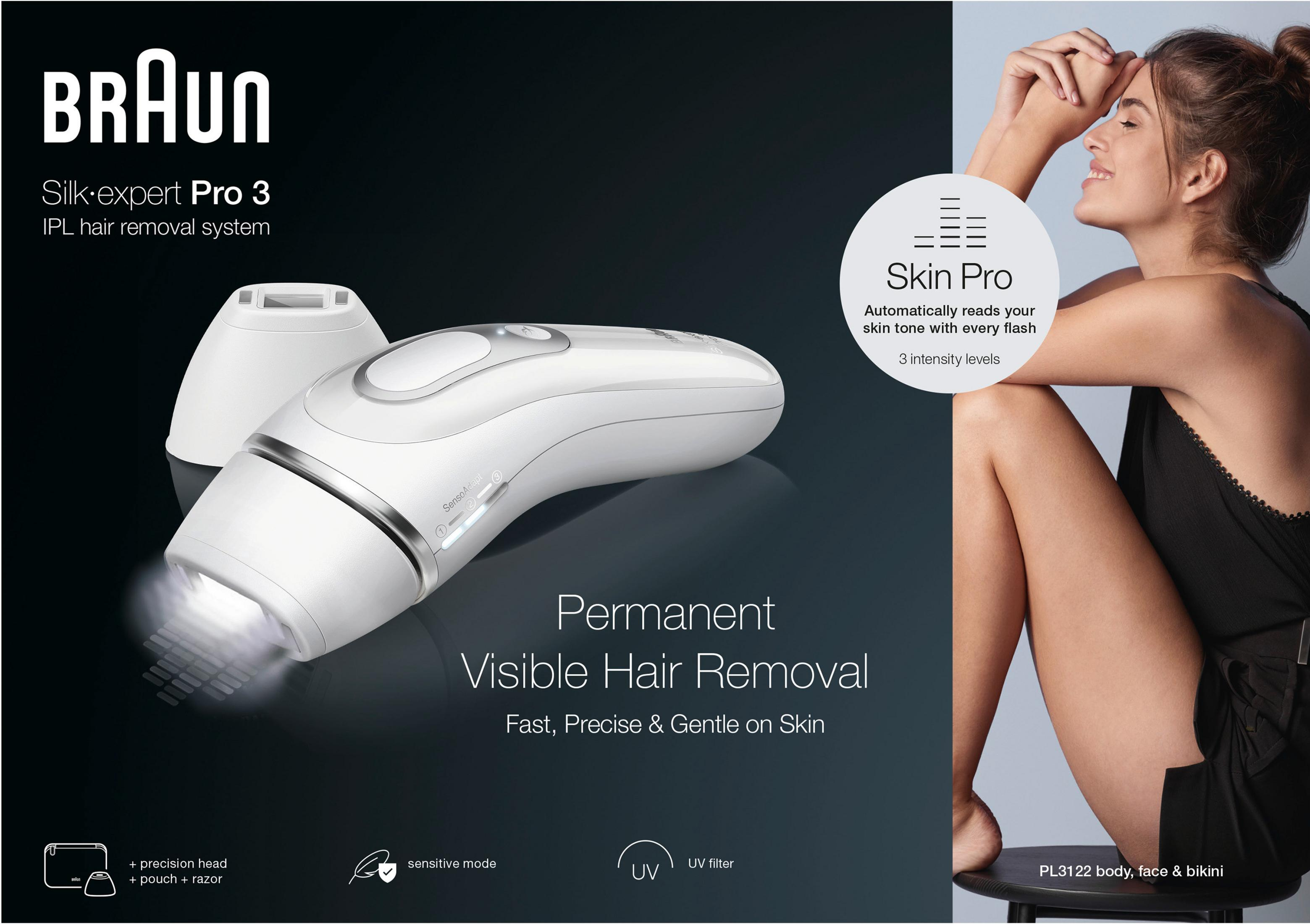 System depilacji Braun Silk-expert Pro 3 IPL z czujnikiem skóry, kobieta.