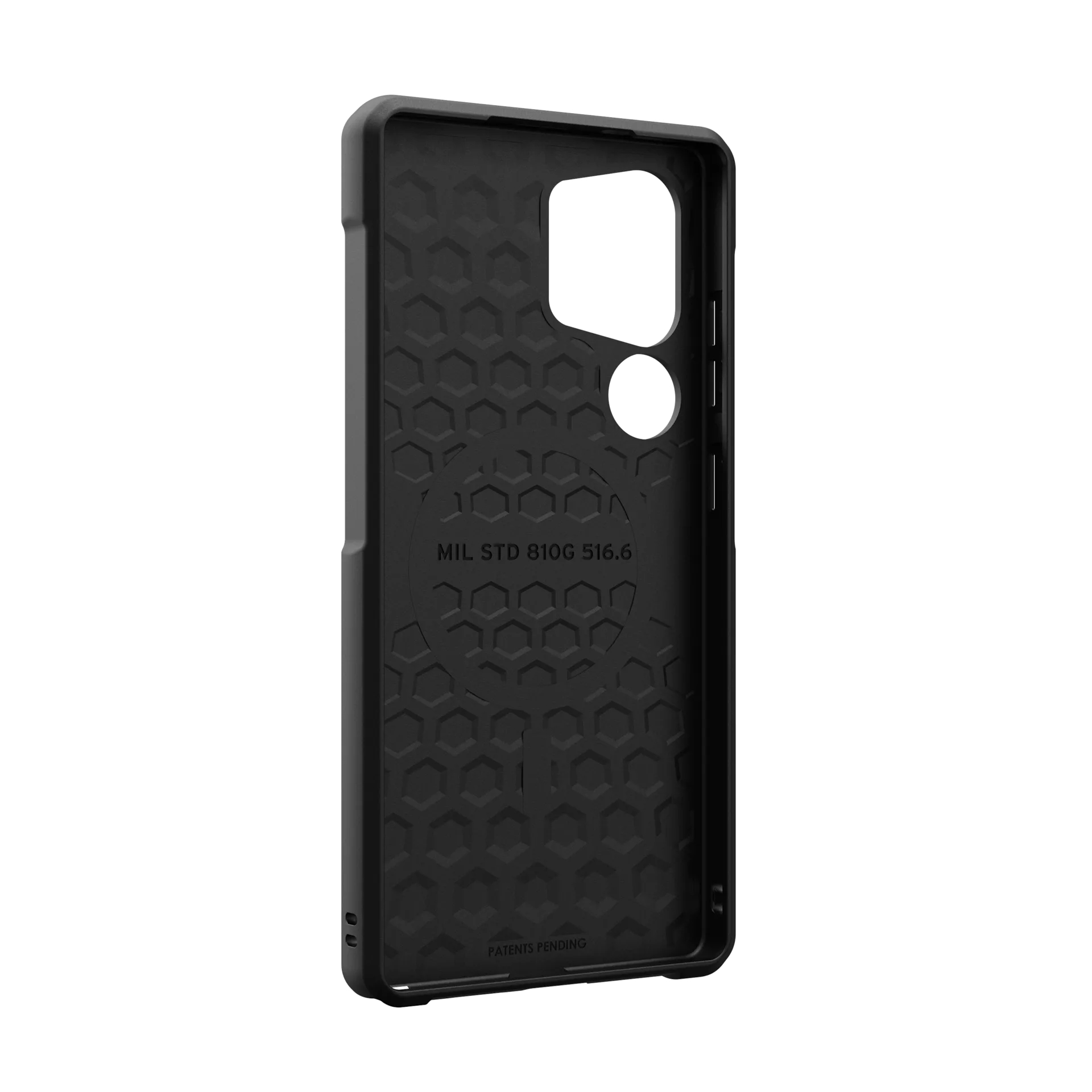 Schwarze Handyhülle mit Wabenmuster, Kameraausschnitt und Aufdruck.