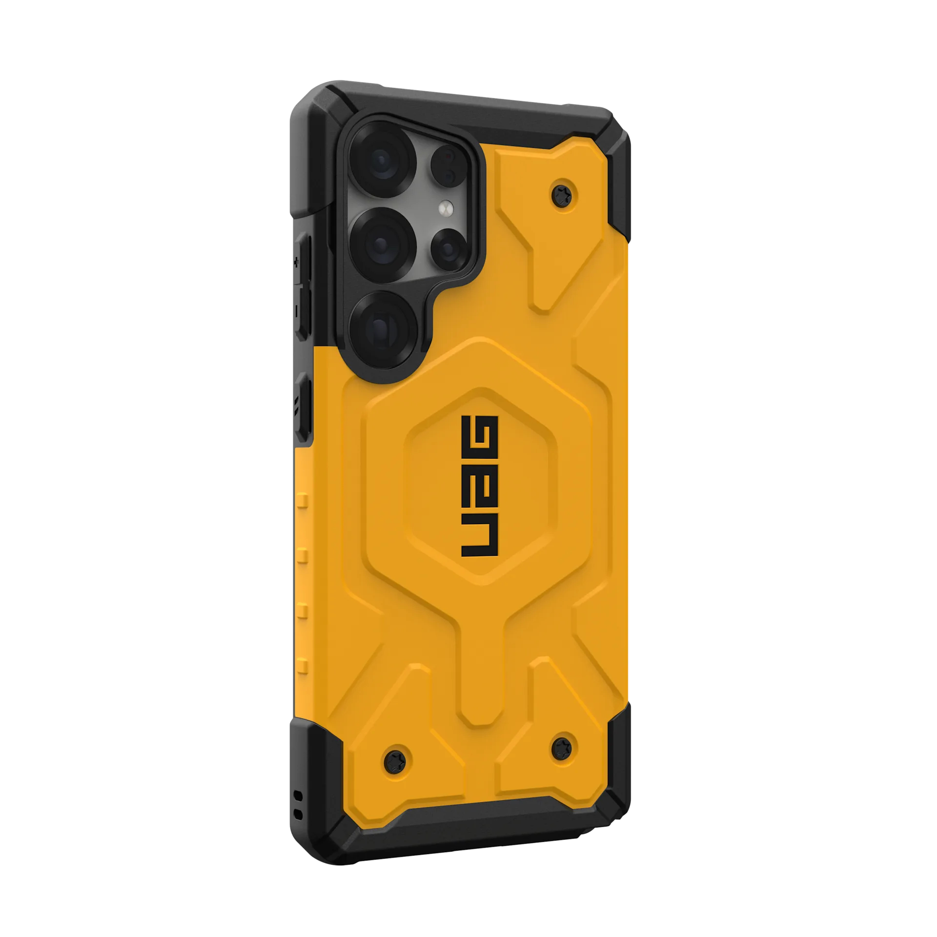 Custodia gialla per telefono con bordo nero, fotocamera e logo UAG.