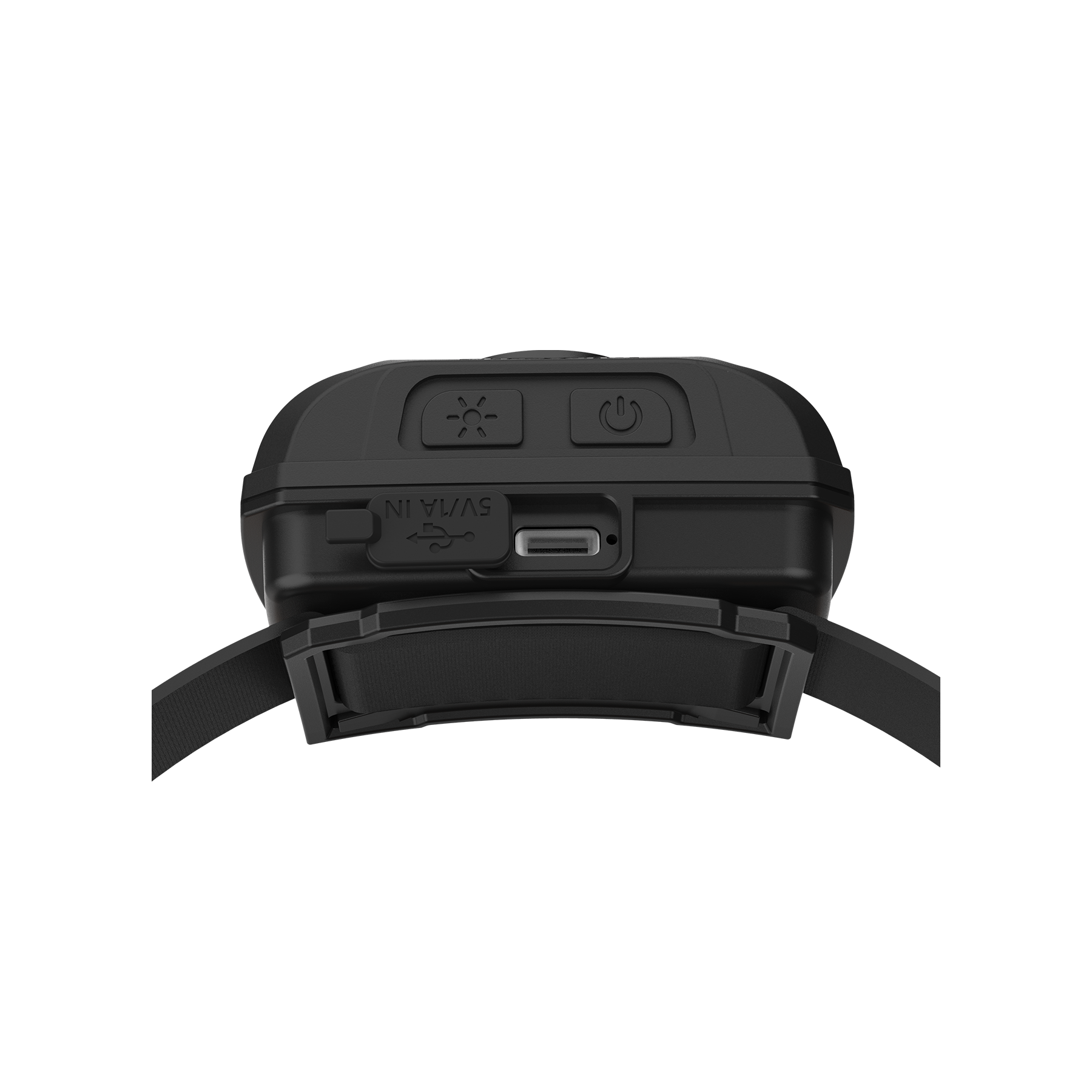 Ein schwarzer Stirnlampen-Akku mit USB-C-Anschluss und Knöpfen.