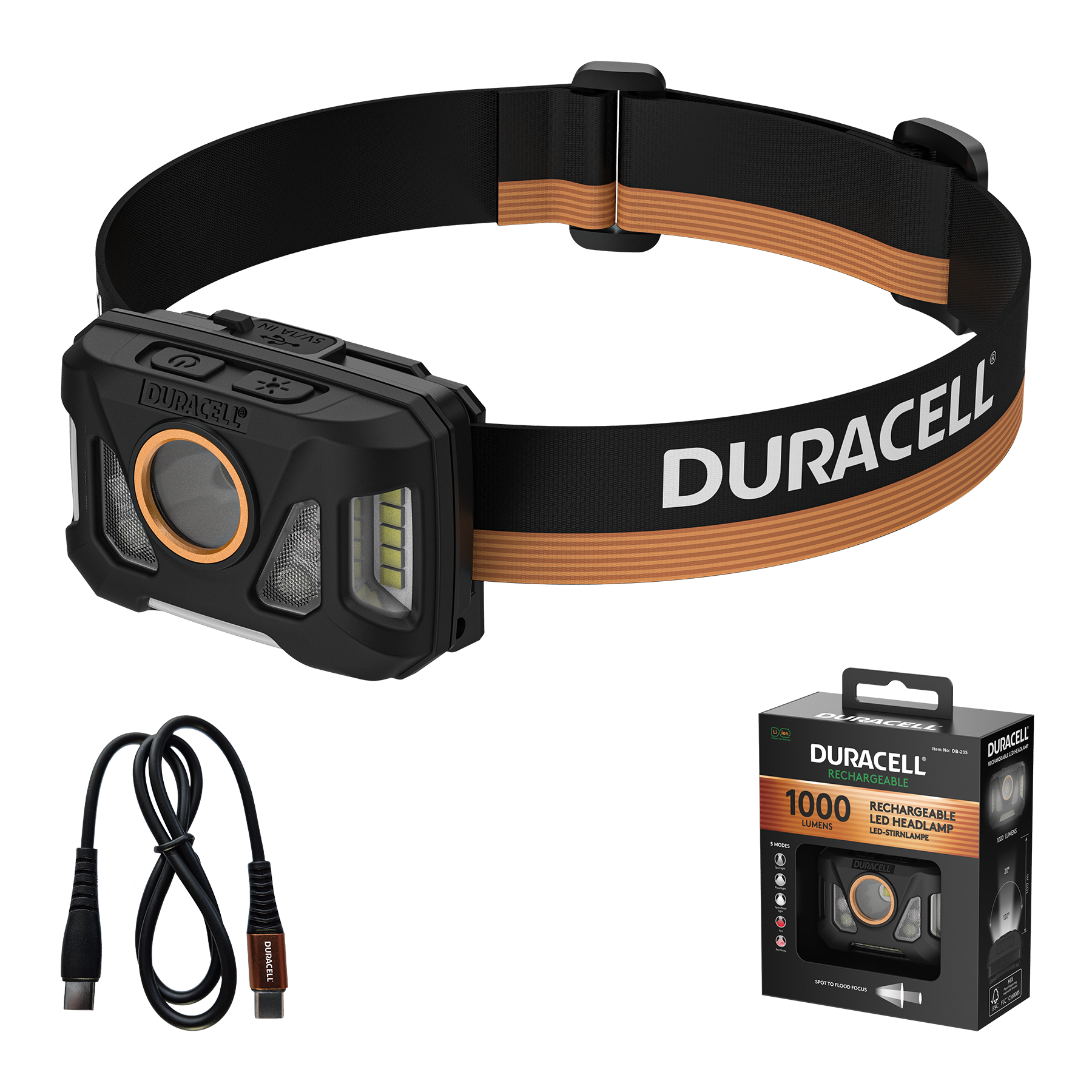 Schwarz-orangefarbene Duracell Stirnlampe, Kabel und Verpackung.