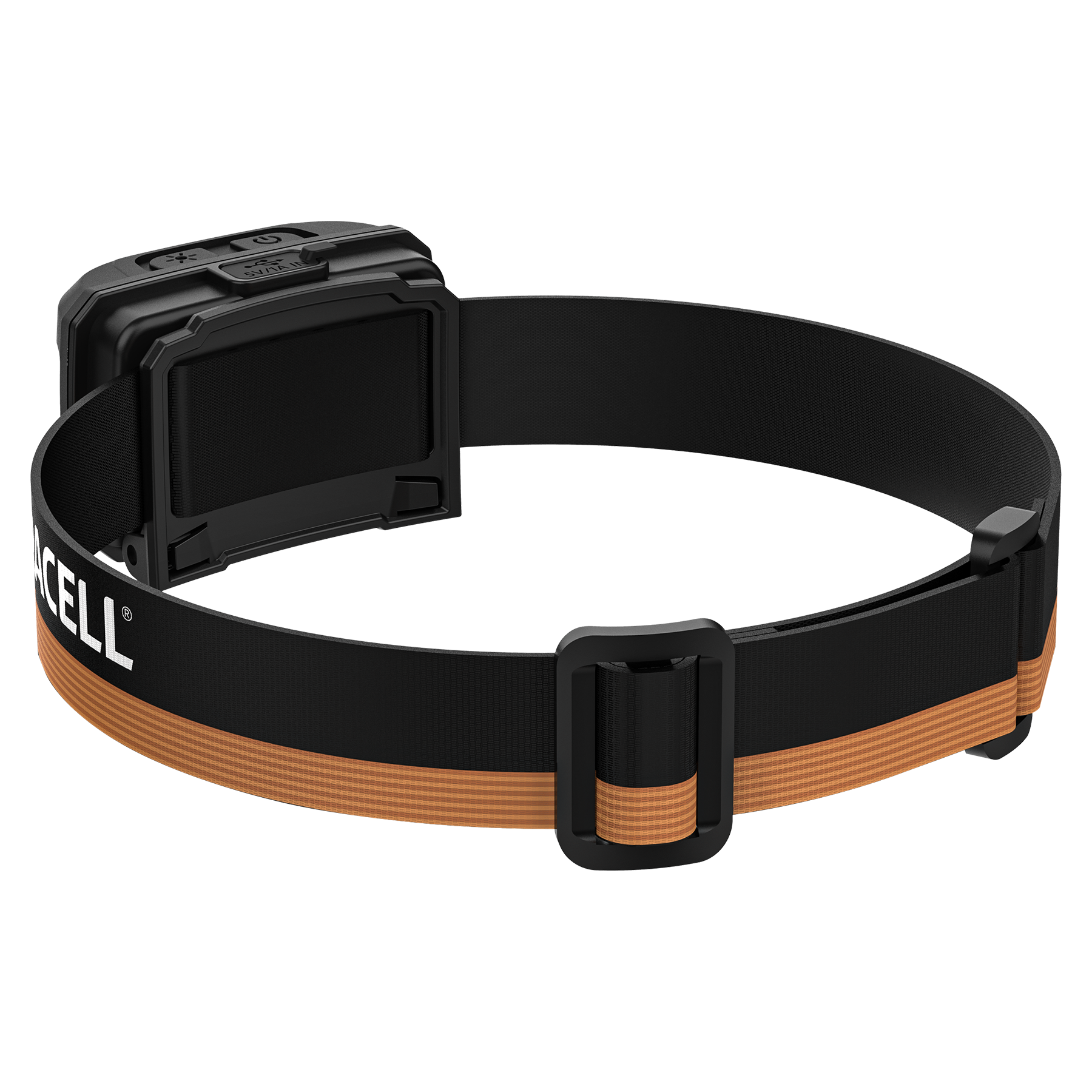 Schwarze Stirnlampe mit orange-gestreiftem Band. Mit Power-Taste und USB-Anschluss.