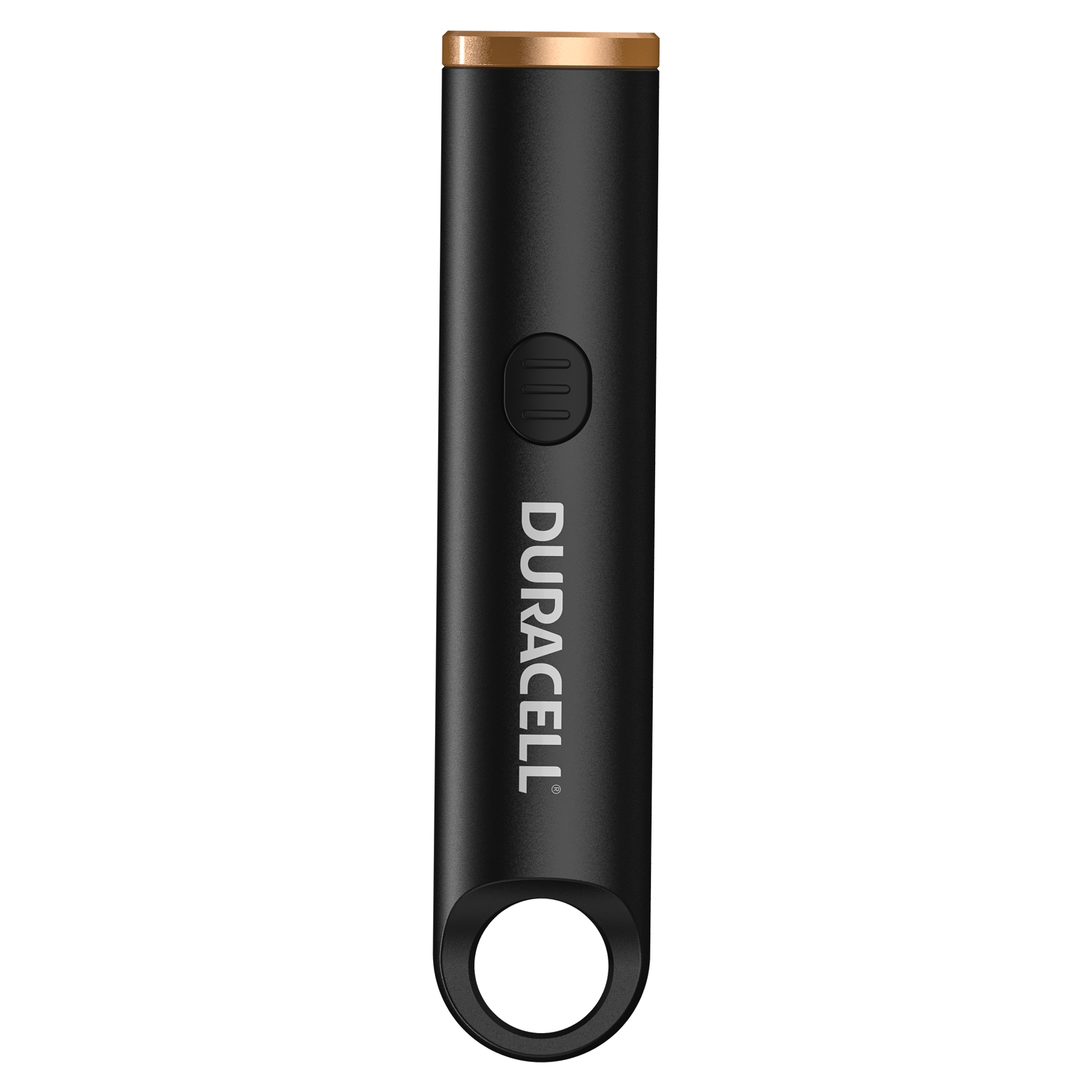 Schwarzer Duracell-Schlüsselanhänger mit goldener Kappe und kreisförmigem Anhänger.