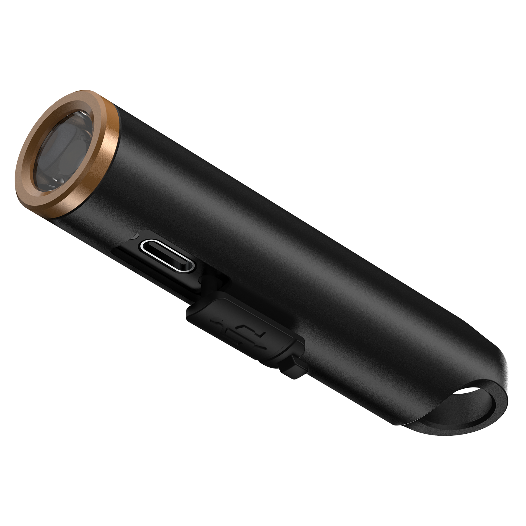 Schwarze Taschenlampe mit bronzefarbenem Ring, USB-Anschluss und abnehmbarem Clip.