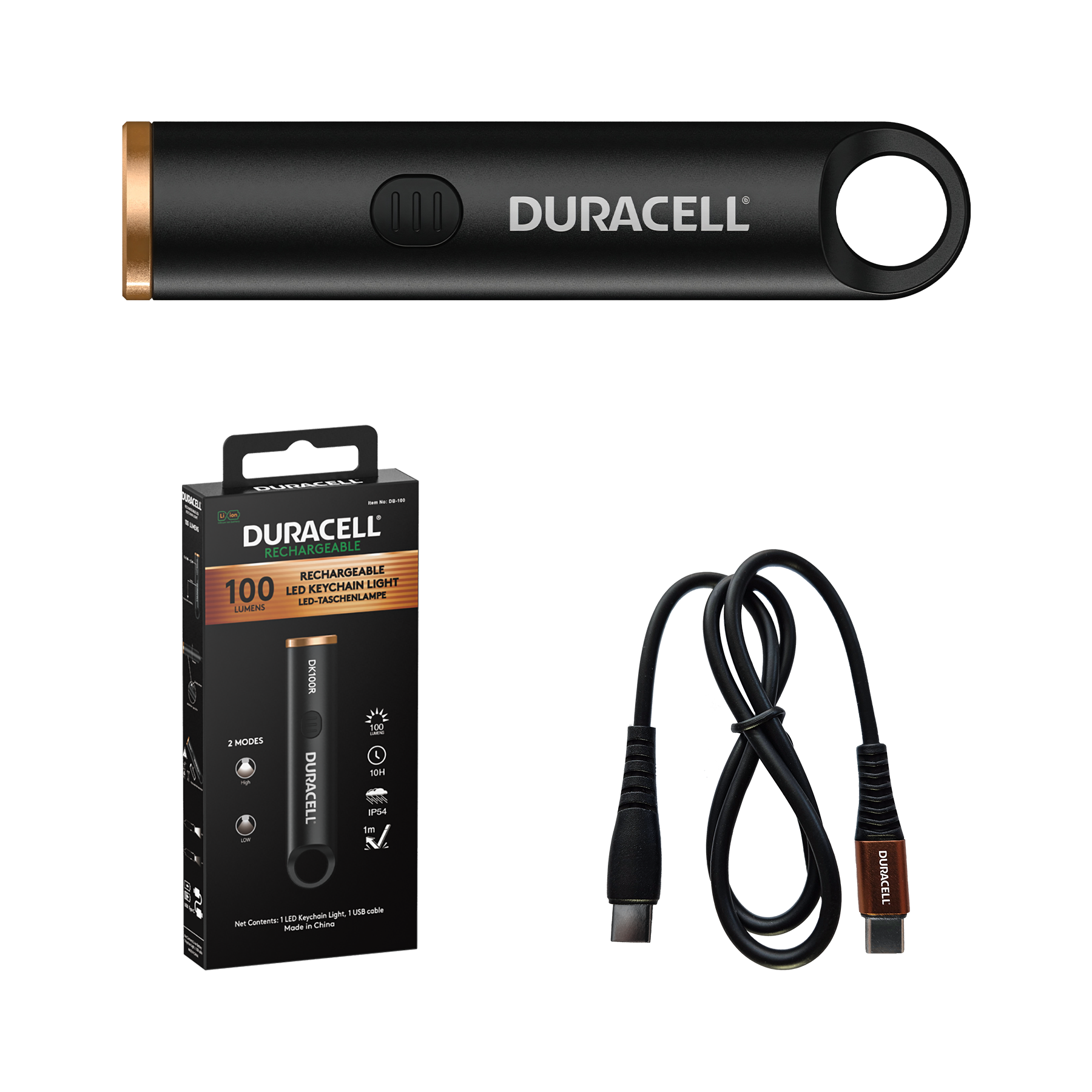 Duracell LED-Schlüsselanhänger-Licht mit Ladekabel und Verpackung.