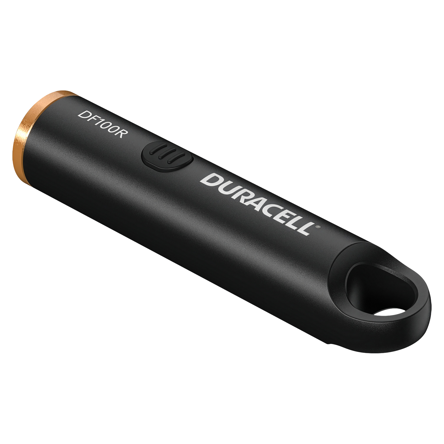 Schwarzer Duracell DF100R mit goldenem Ring, Knopf und Öse. Produktaufnahme.