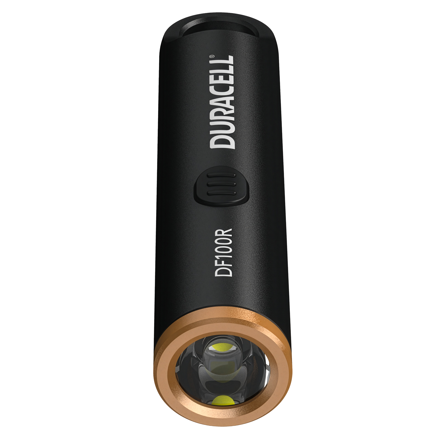 Schwarze Taschenlampe mit goldenem Ring und LED-Licht. Duracell DF100R.