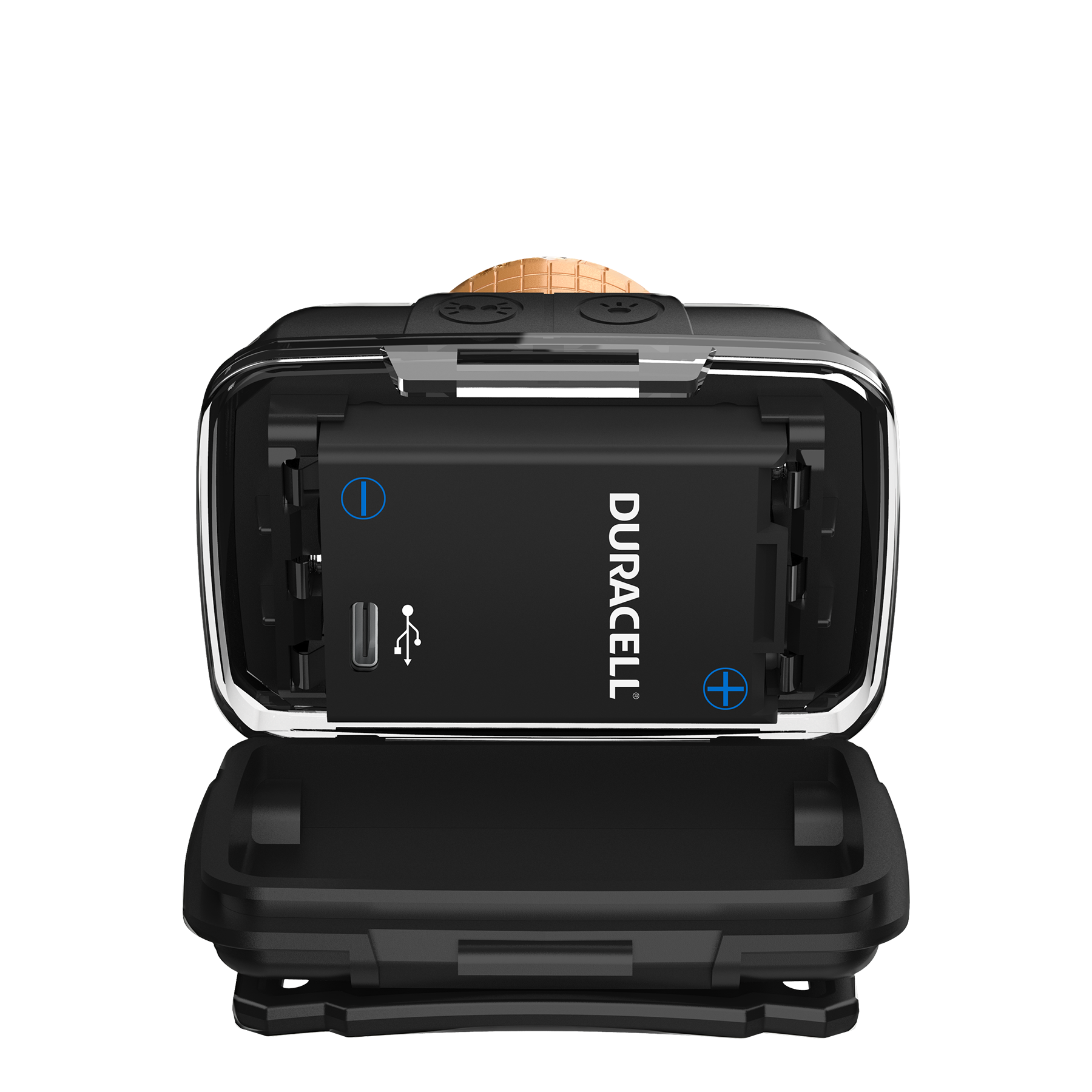 Ein Duracell-Akku ist in einem schwarzen Gehäuse mit USB-Anschluss zu sehen.
