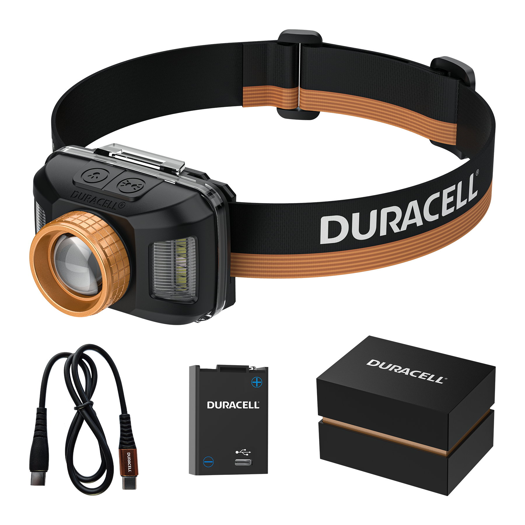 Duracell Stirnlampe mit Akku, Ladekabel und schwarzer Box.