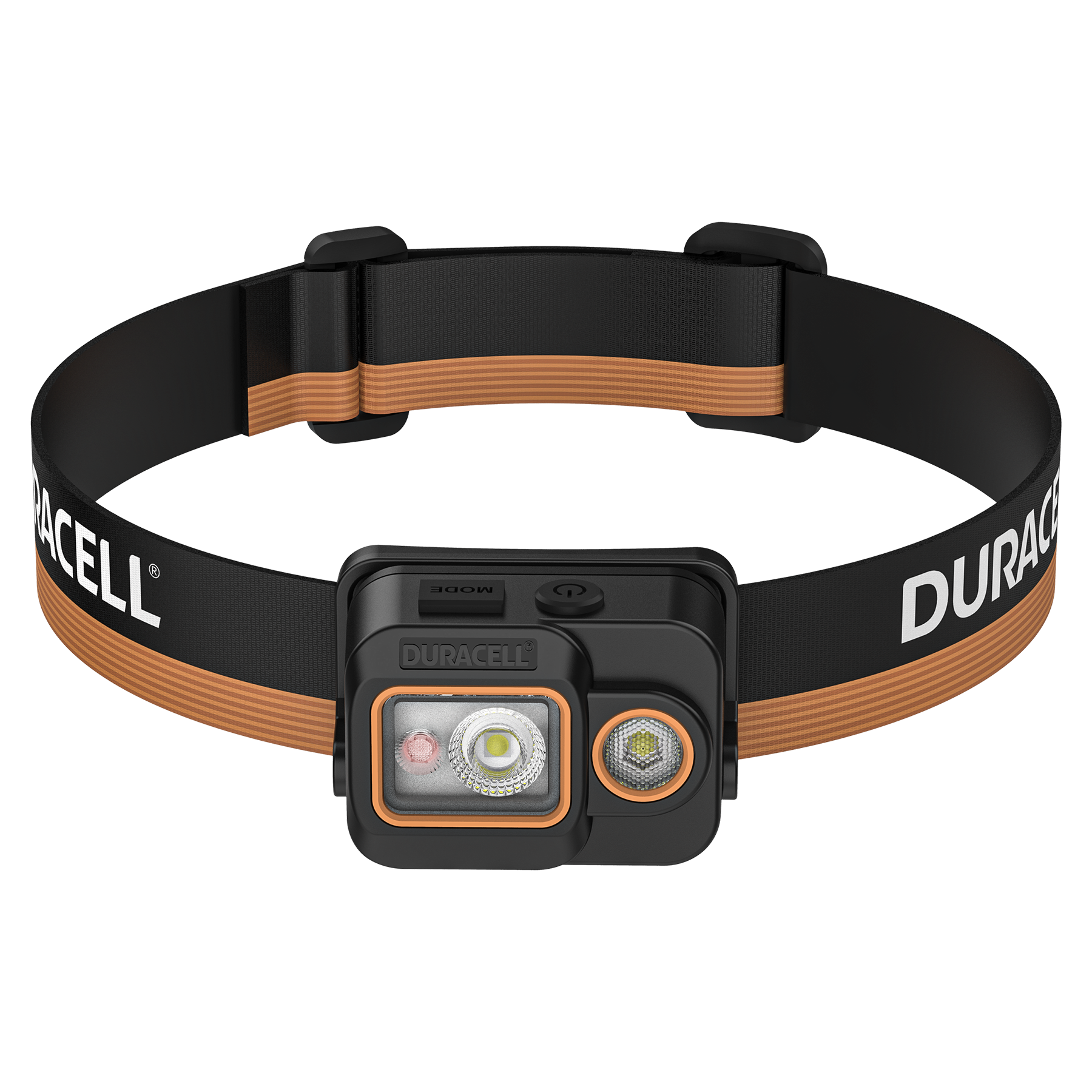 Schwarzes Stirnband mit orangefarbenen Streifen und Duracell-Logo. Die Leuchteinheit hat mehrere LEDs.