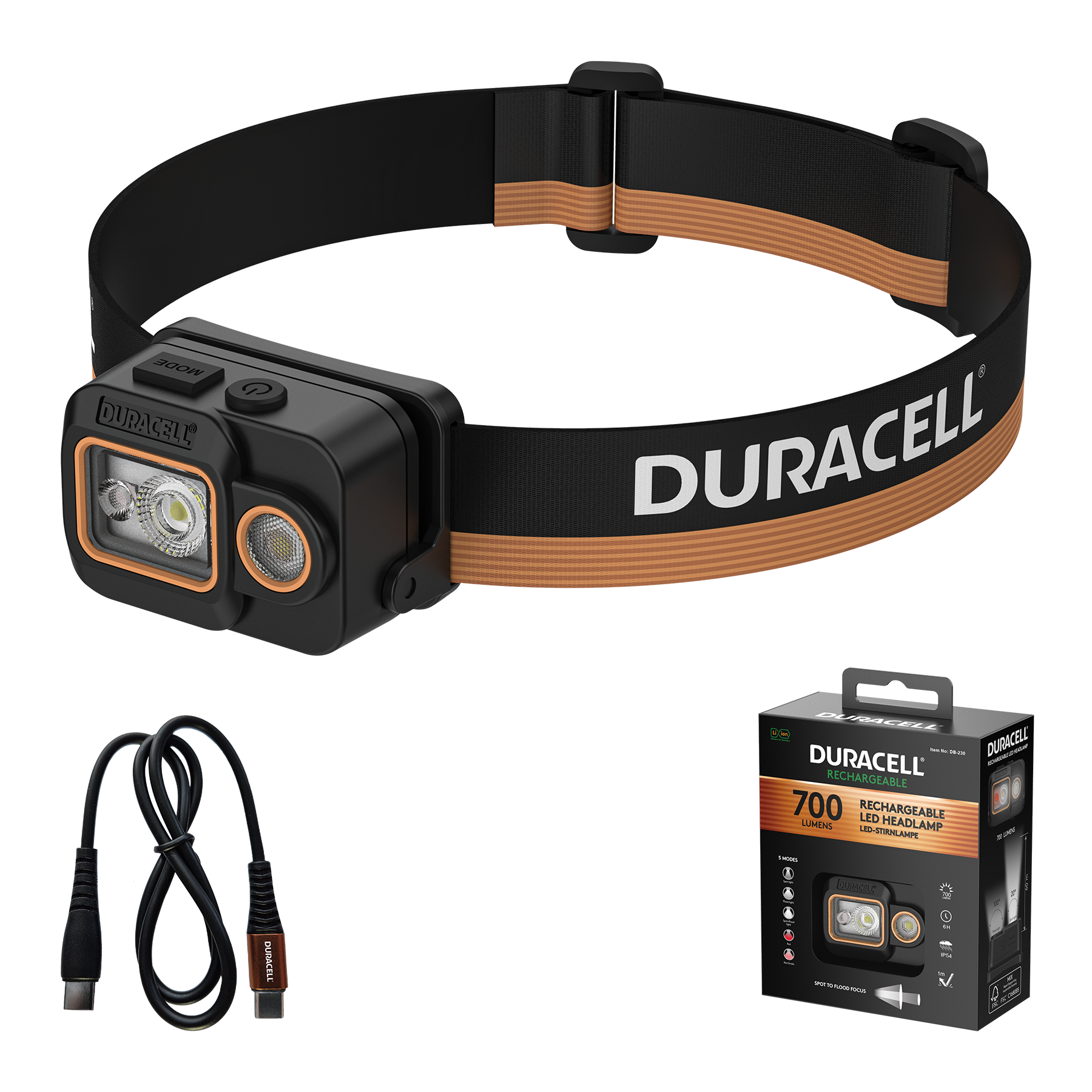 Duracell Stirnlampe mit USB-Ladekabel und Verpackung.