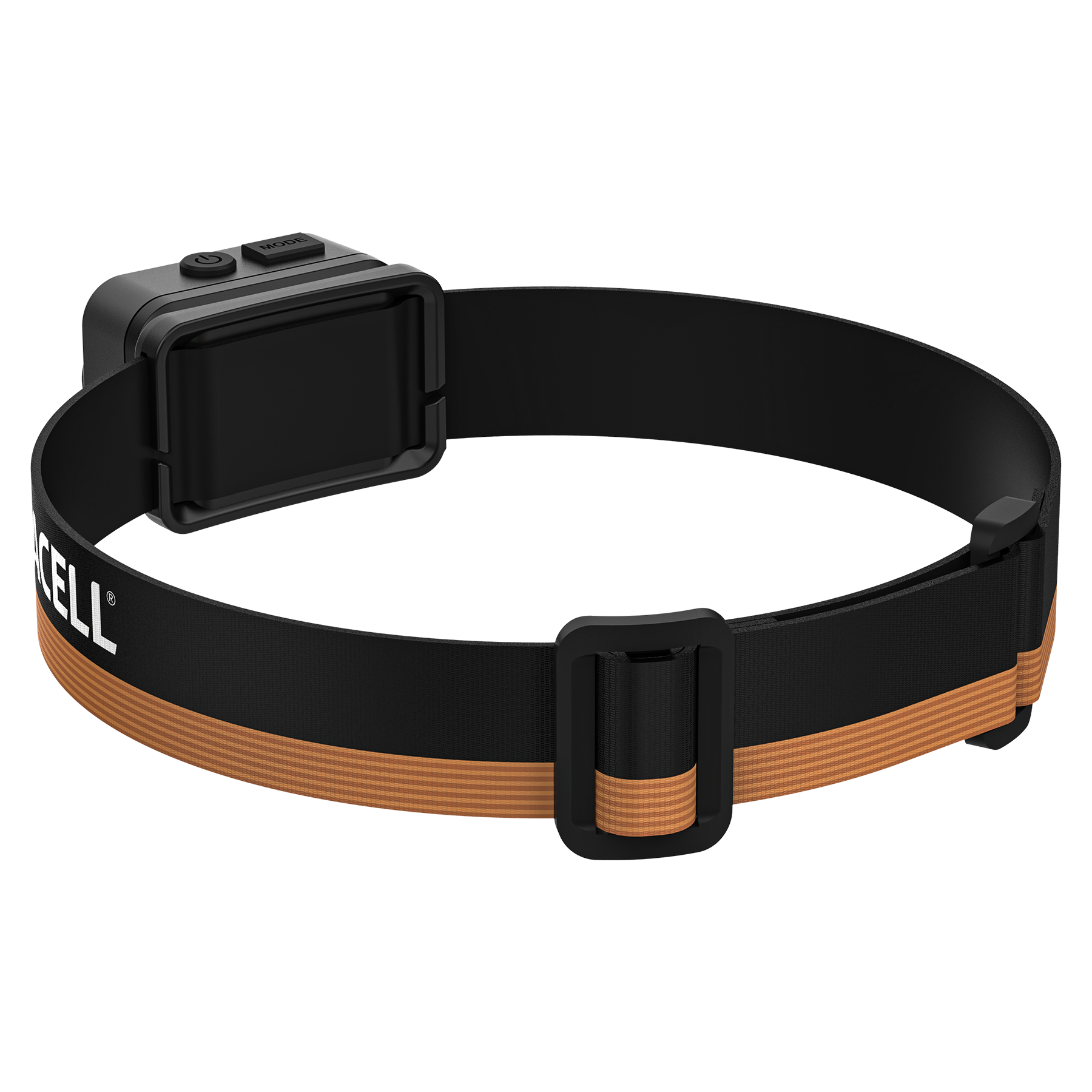 Schwarzes Stirnband mit orangen Streifen und einem schwarzen Gehäuse mit Tasten.