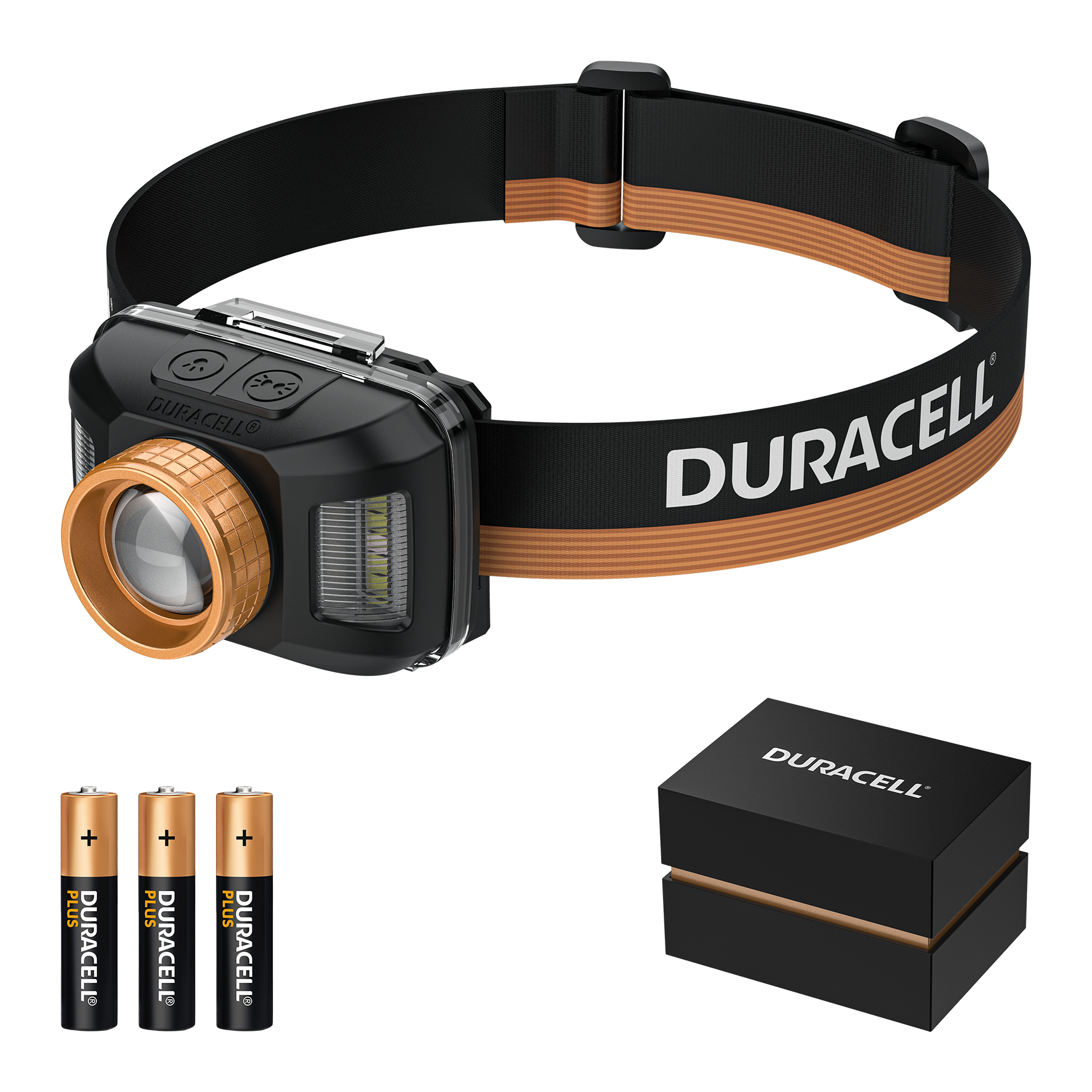 Schwarze Duracell-Stirnlampe mit orangen Akzenten, drei Batterien und schwarzer Box.