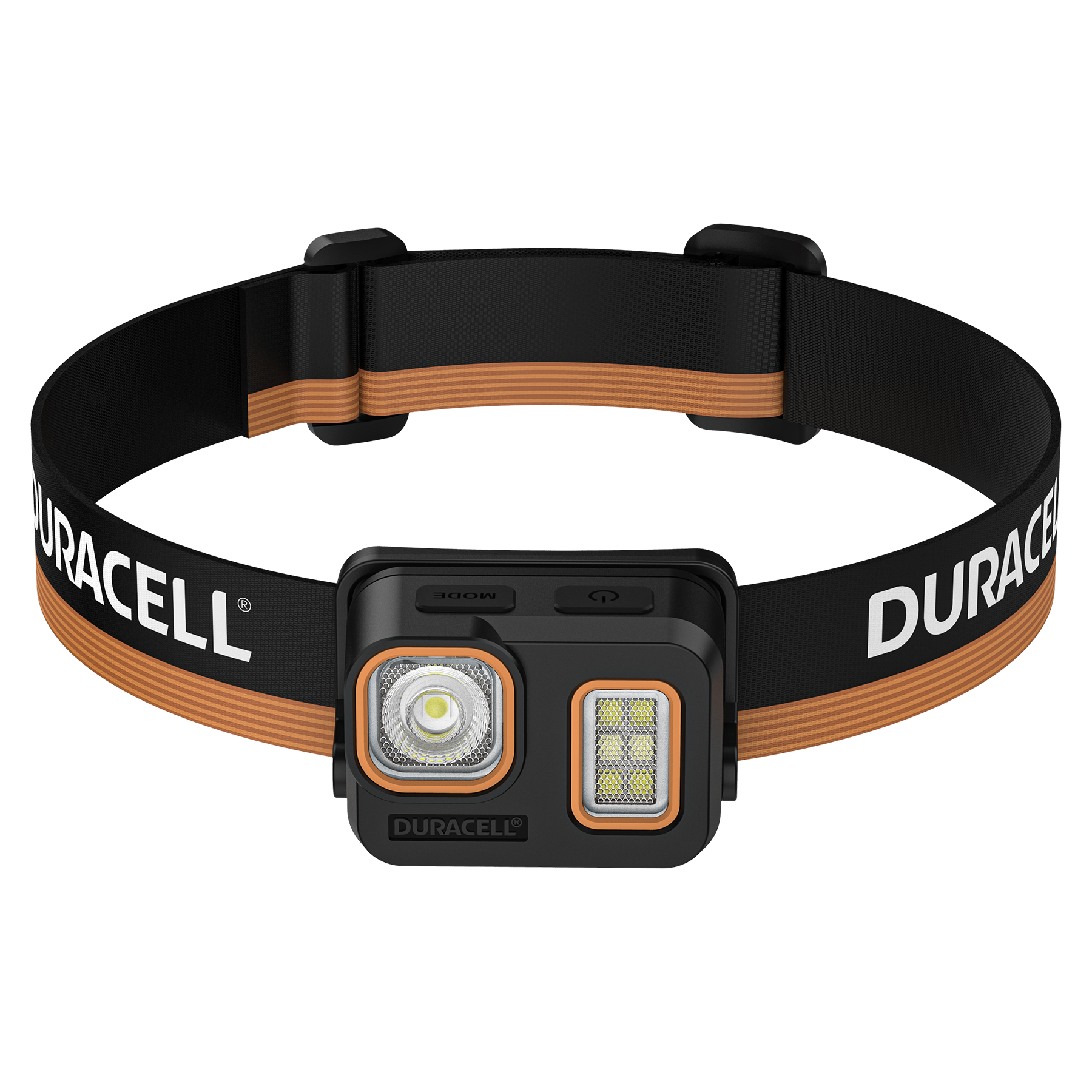 Eine schwarze Stirnlampe mit orangefarbenen Akzenten und dem Duracell-Logo.
