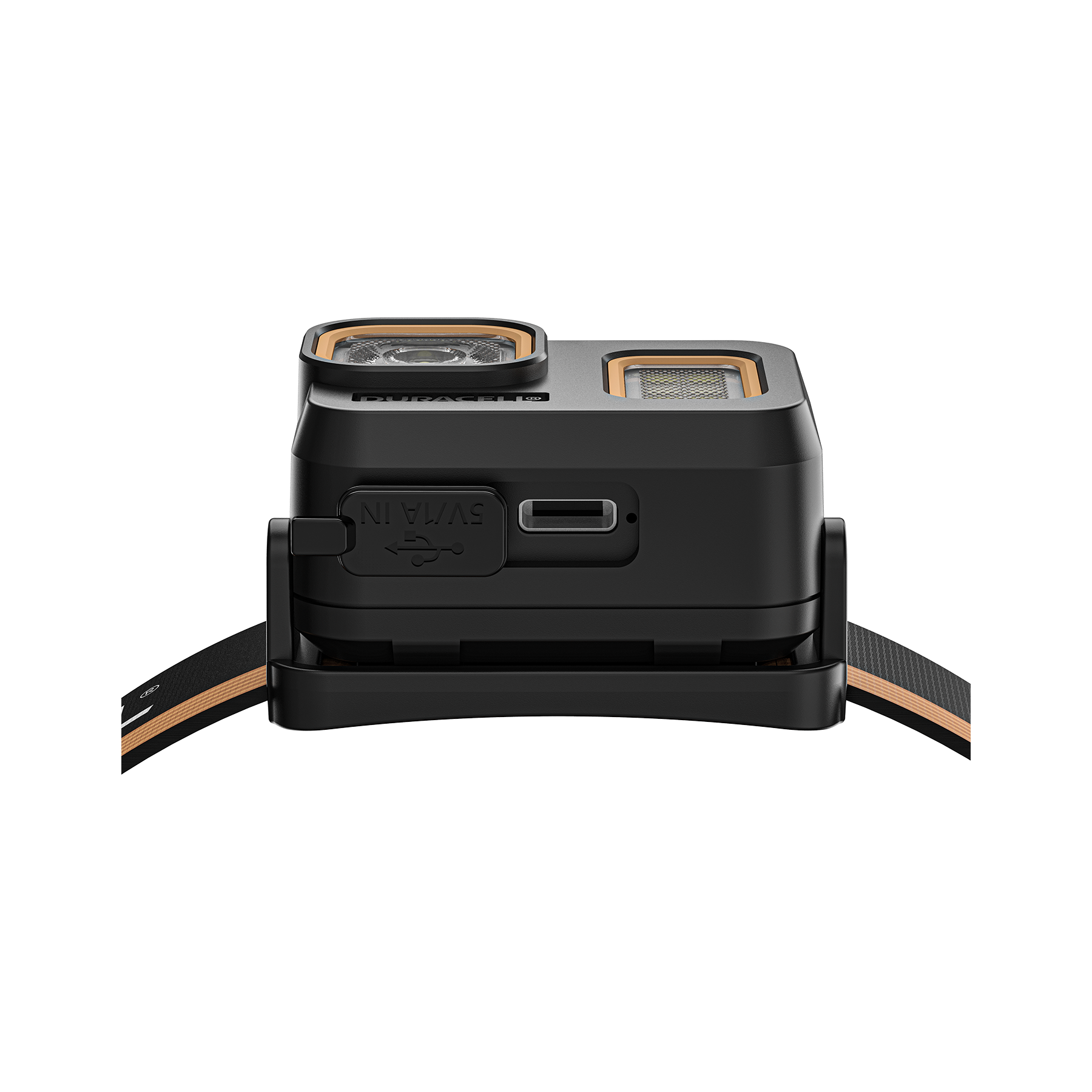 Schwarzer Stirnlampe mit USB-Anschluss und verstellbarem Band.