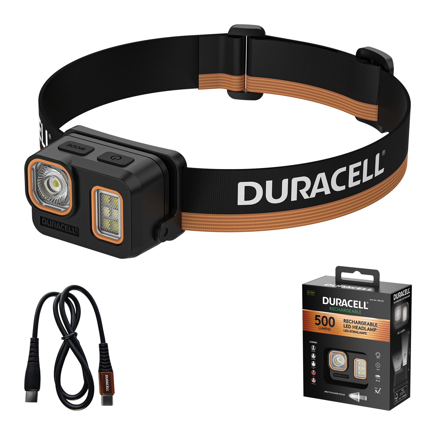 Ein schwarzes Duracell Stirnband mit orangefarbenen Akzenten und einem Scheinwerfer.