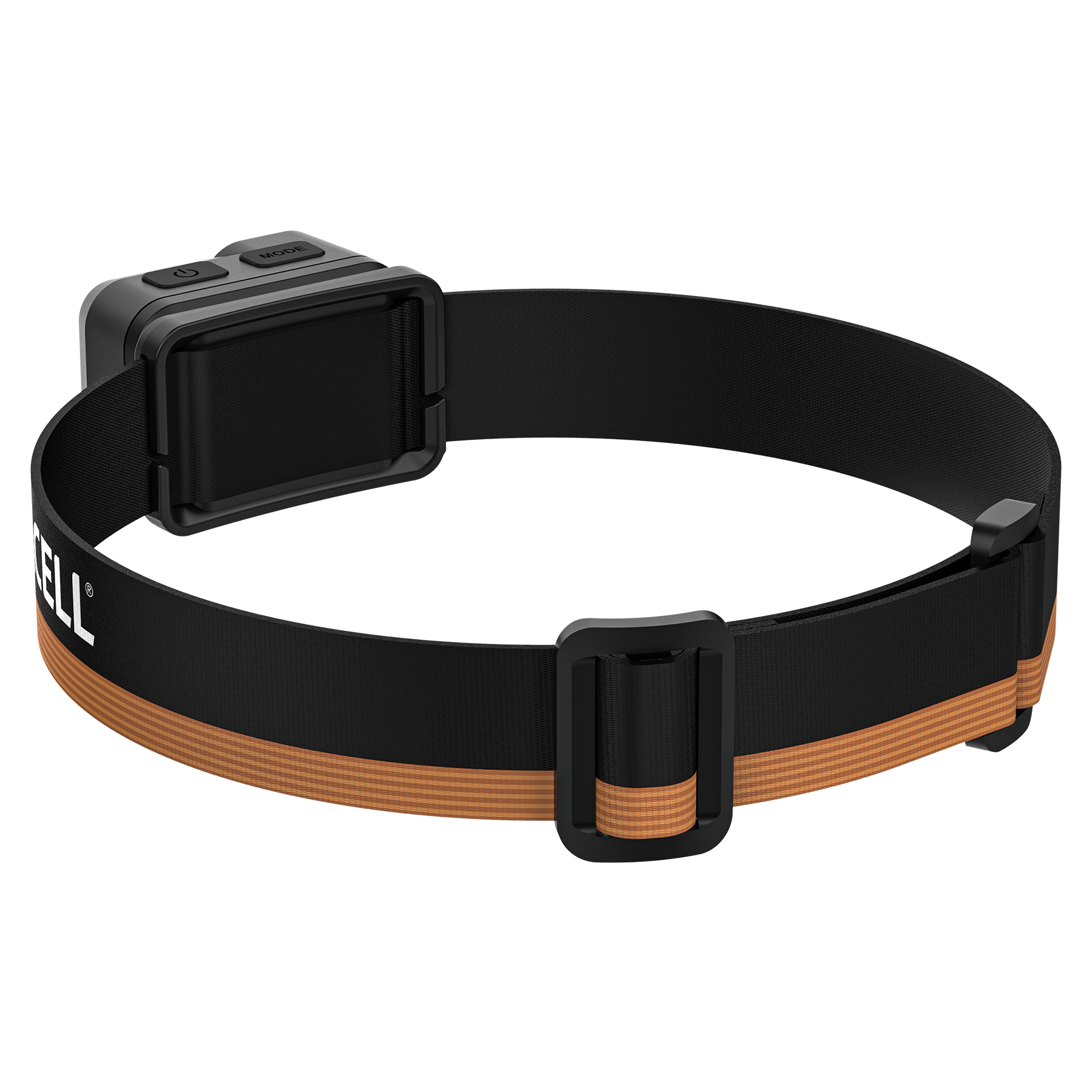 Schwarzes Stirnband mit orangefarbenen Streifen und einem grauen Gehäuse.