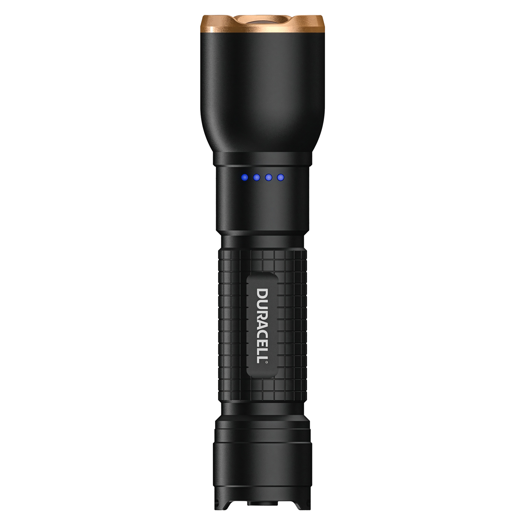 Schwarze Taschenlampe mit goldenem Ring und blauen Ladeanzeigen.