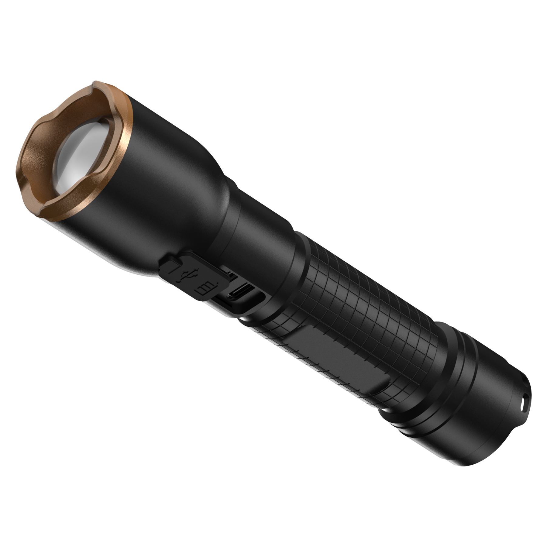Schwarze Taschenlampe mit goldenem Ring und USB-Anschluss.