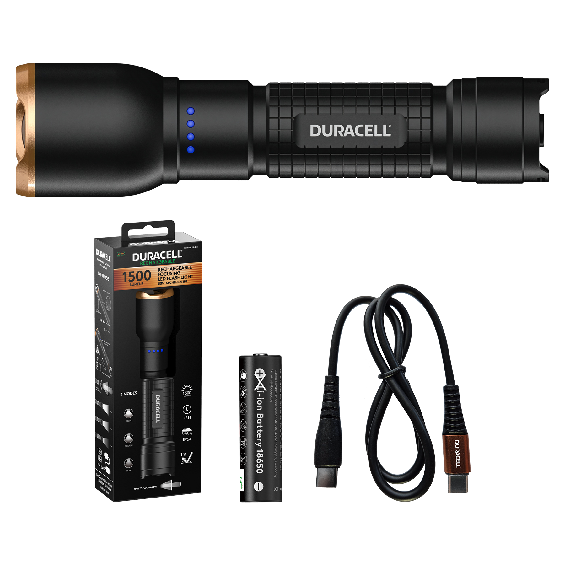 Ein schwarzer Duracell LED-Taschenlampen-Set mit Akku und Ladekabel.