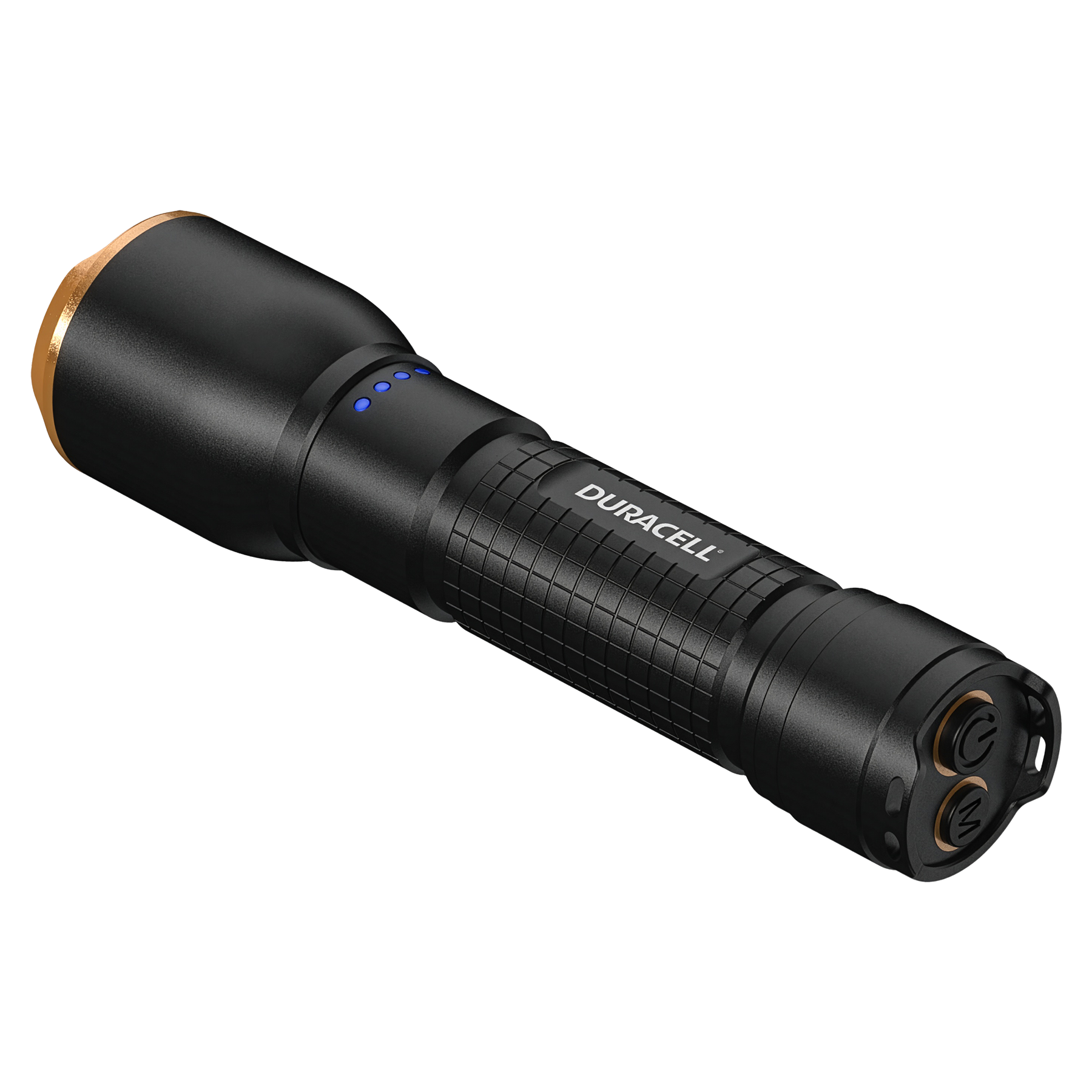 Schwarze Duracell-Taschenlampe mit goldenem Ring, blauen LEDs und gerastertem Griff.