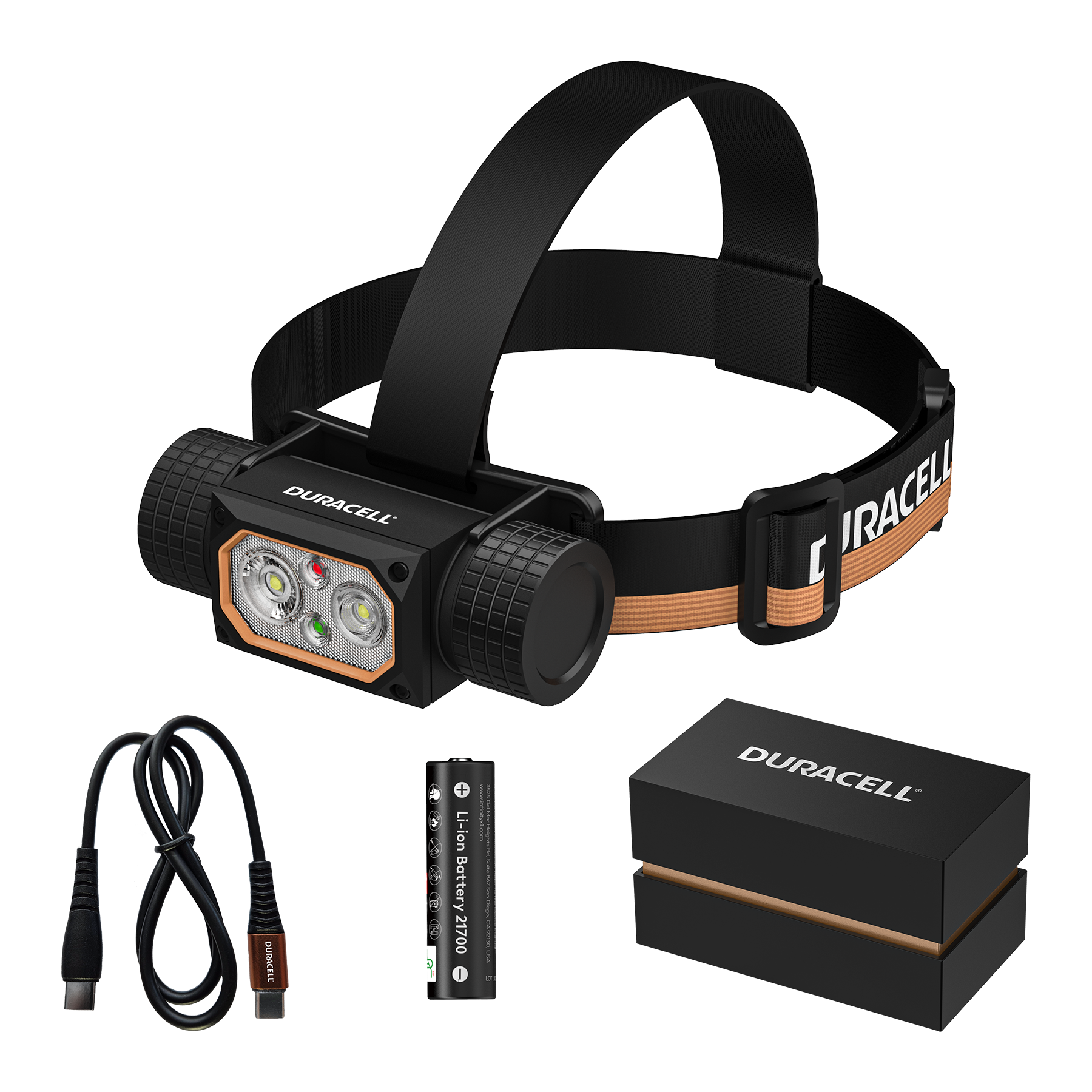 Duracell Stirnlampe mit USB-C Kabel, Batterie und Box.