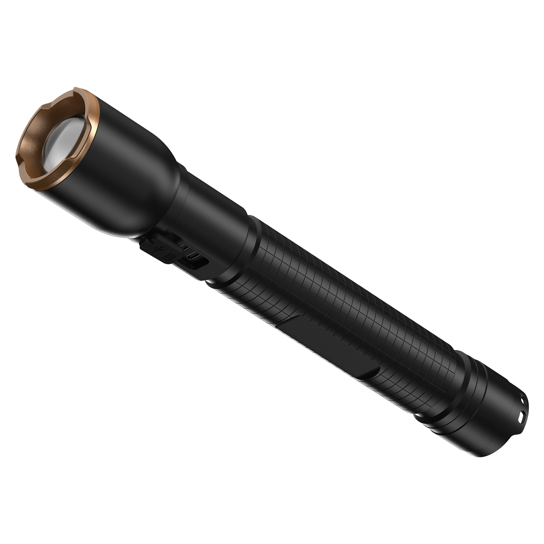 Schwarze Taschenlampe mit goldenem Ring am Kopf und geriffeltem Griff.