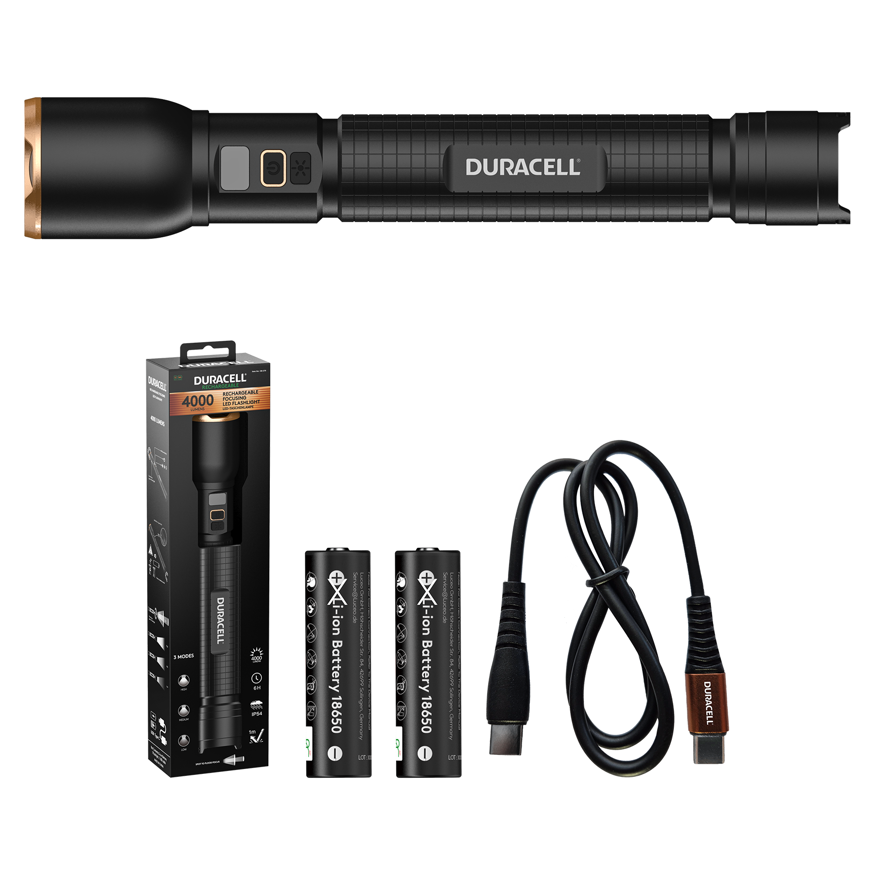Ein schwarzer Duracell LED-Taschenlampen-Set mit 2 Batterien und Ladekabel.