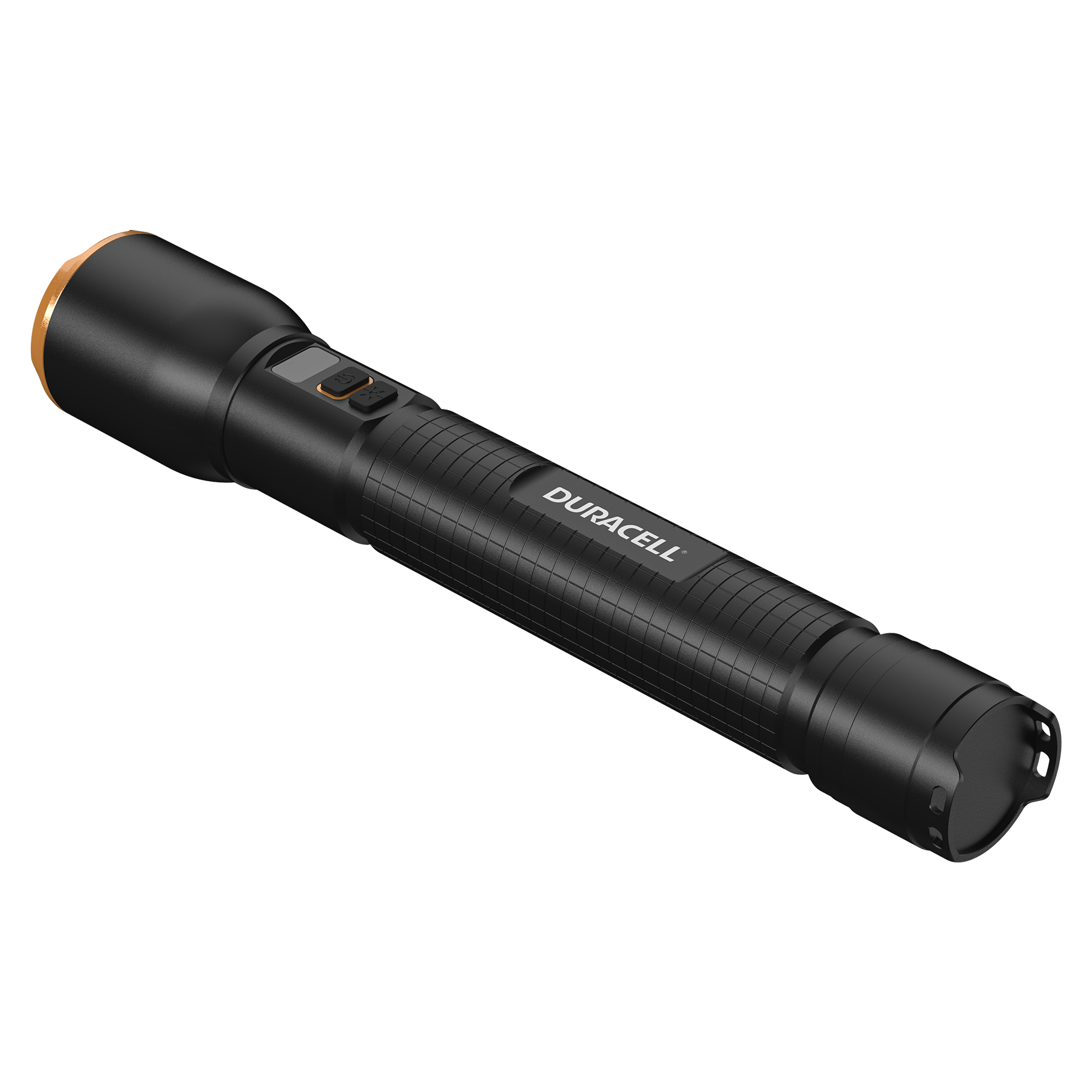 Schwarze Duracell Taschenlampe mit goldenem Ring am Kopf und zwei Knöpfen.