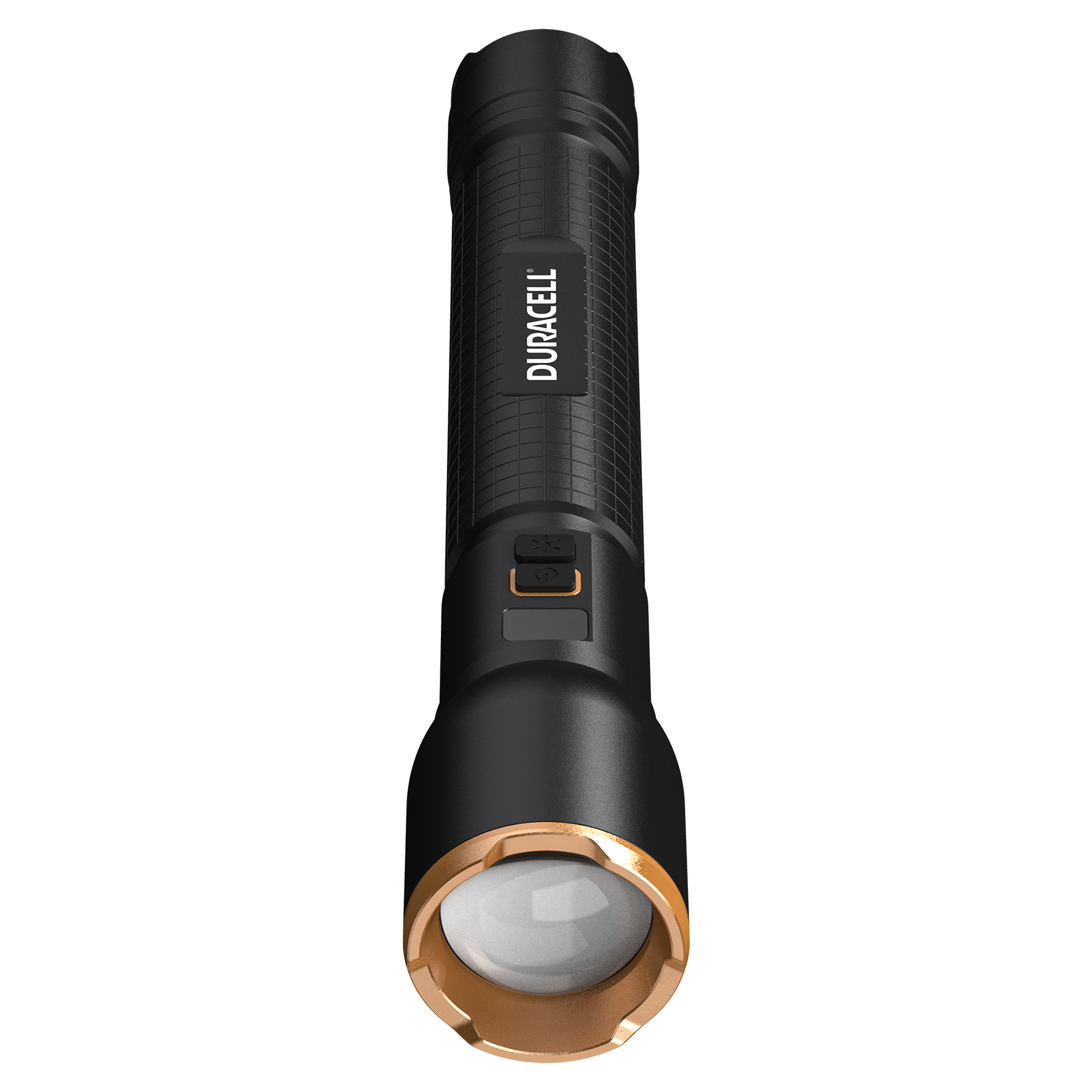 Schwarze Duracell Taschenlampe mit goldenem Ring um die Linse.