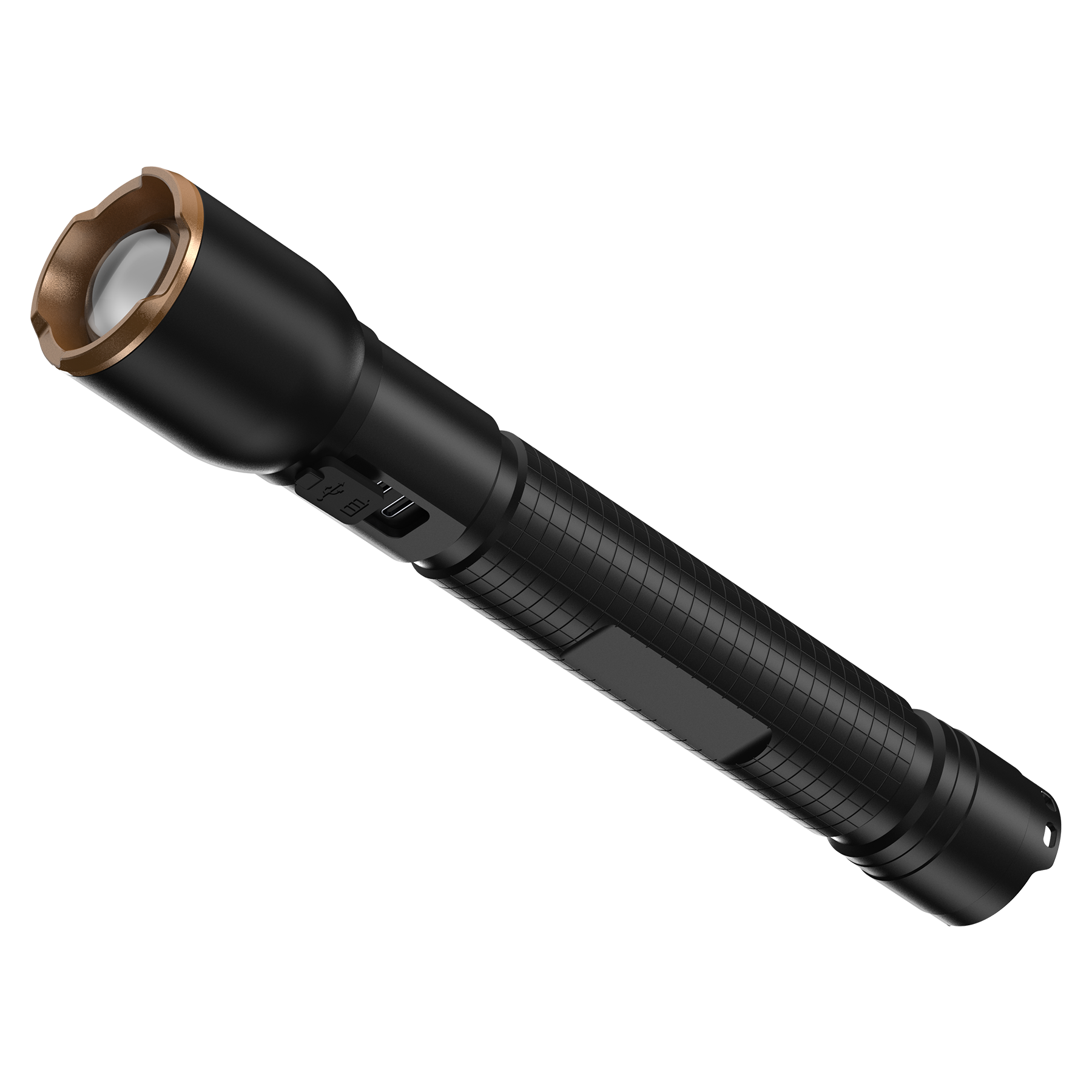 Schwarze Taschenlampe mit goldenem Ring um die Linse und geriffeltem Griff.