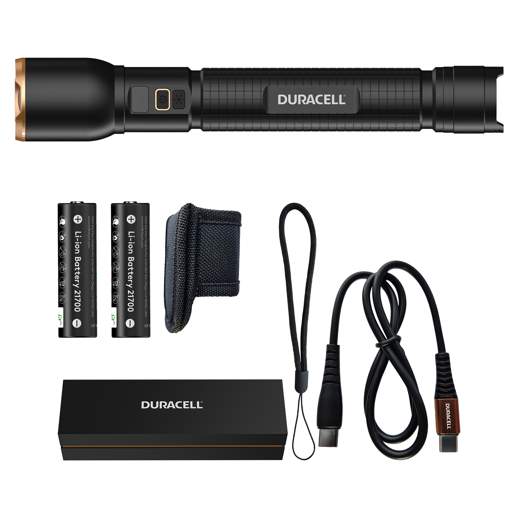 Ein schwarzer Duracell-Taschenlampen-Set mit Batterien, Kabel, Handschlaufe und Box.