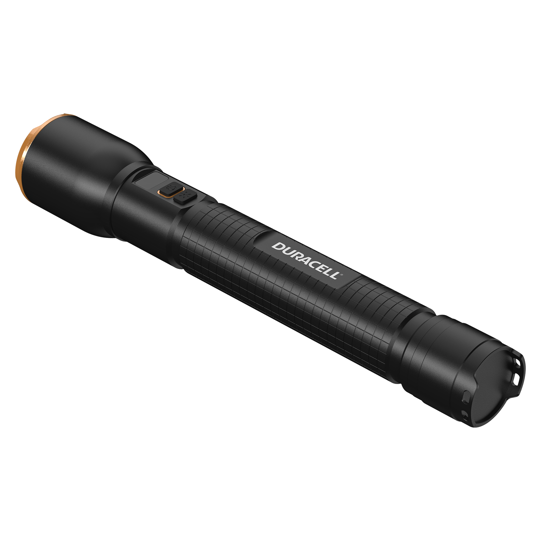 Schwarze Duracell Taschenlampe mit goldenem Ring am Kopf, auf kariertem Hintergrund.