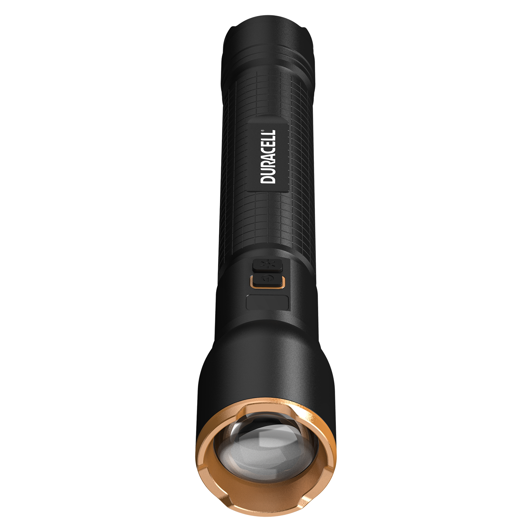 Schwarze Duracell-Taschenlampe mit goldener Lünette und zwei Knöpfen.
